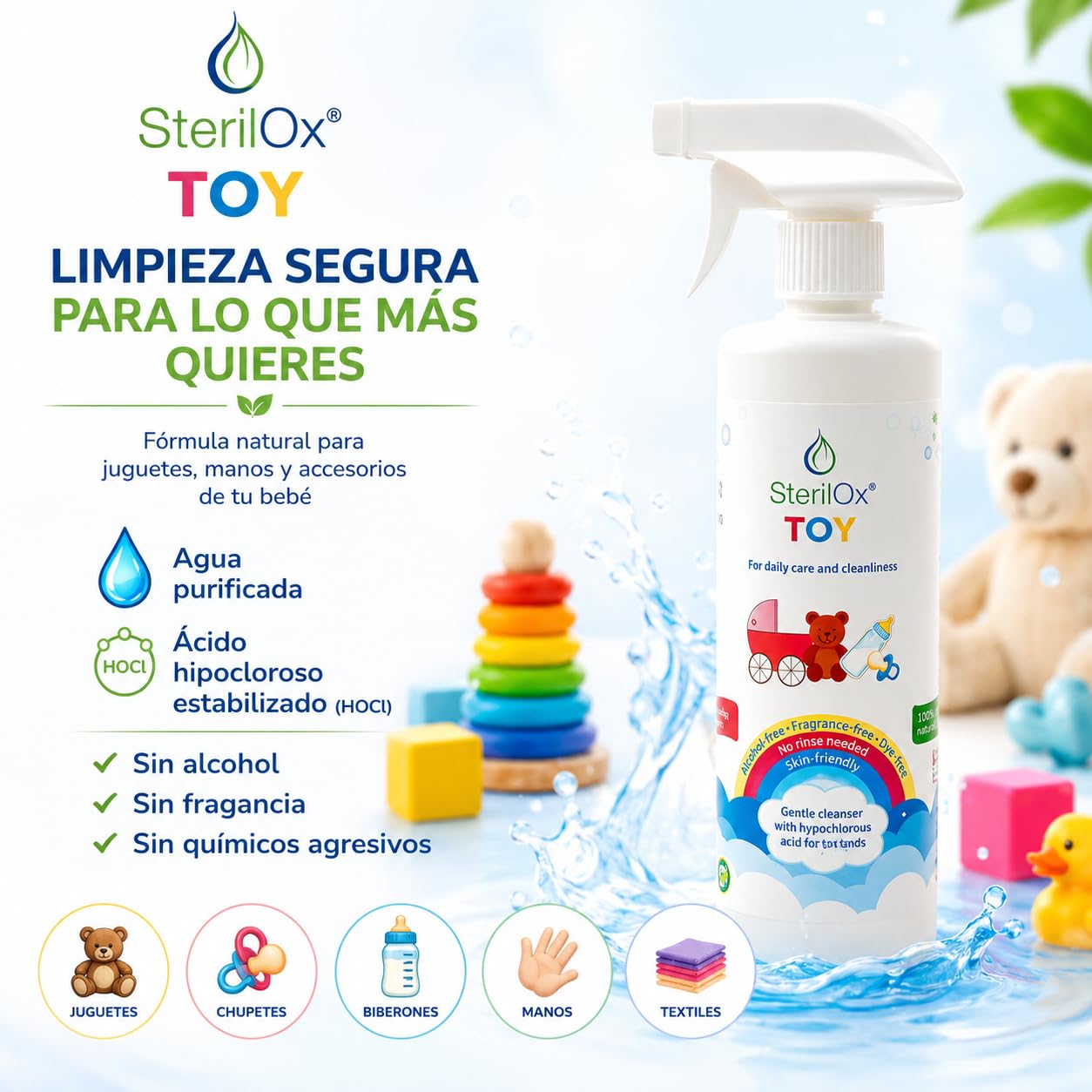Toy 500 ml — spray detergente naturale con acido ipocloroso (HOCl) per giocattoli, accessori e pelle dei bambini. Senza alcol né profumo, per uso quotidiano, senza risciacquo.