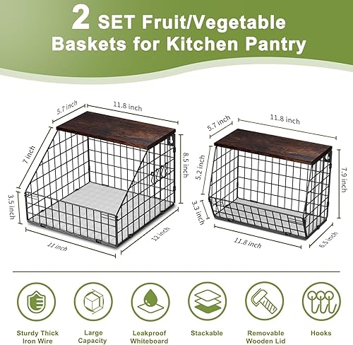 Miniatura 36 de Cesta de frutas de 2 niveles para encimera de cocina, apilable, para colgar en la pared, cestas de alambre con tapa de madera con 4 ganchos