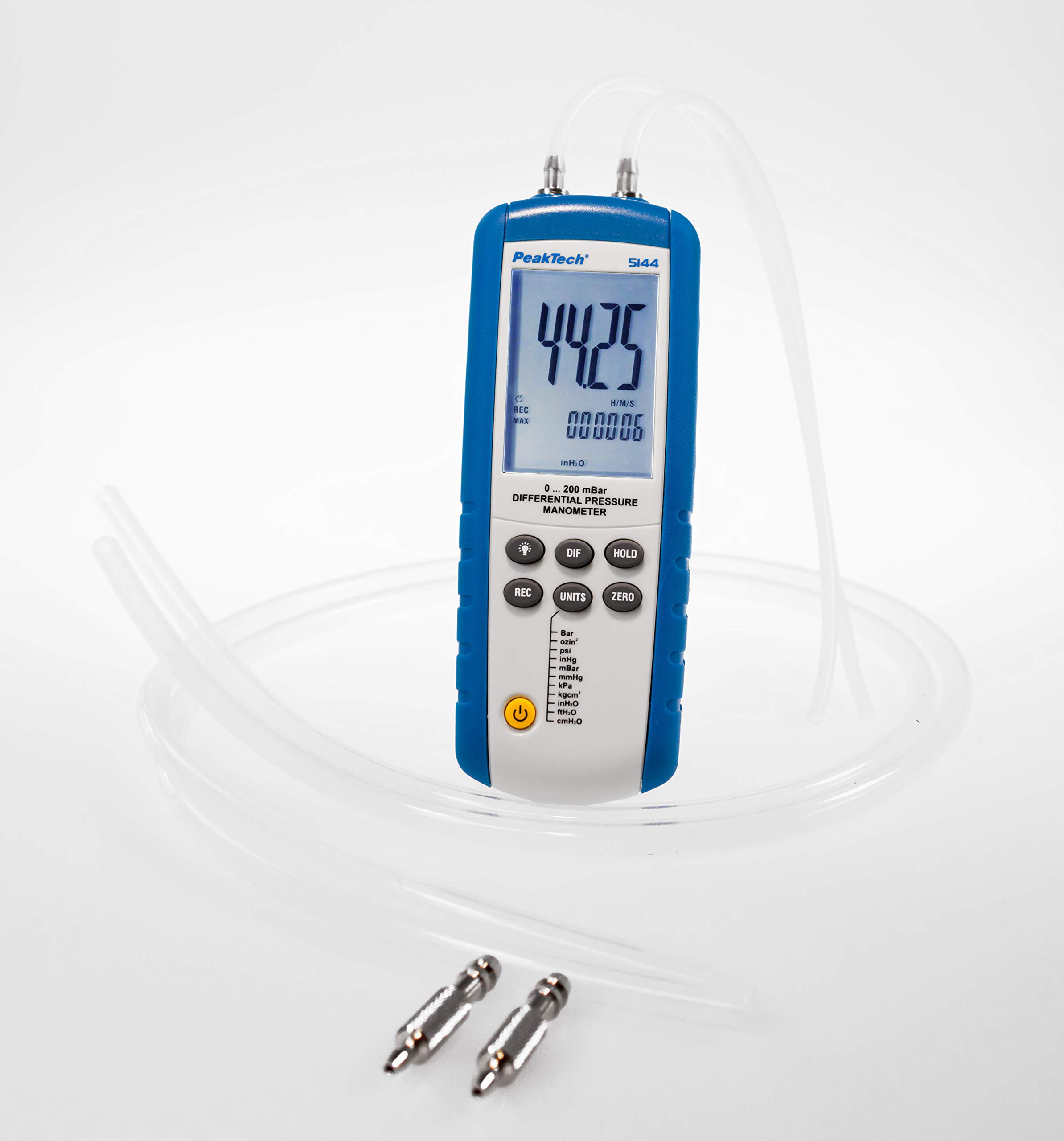 PeakTech P 5144 – Digitales Manometermit Messbereich bis max. 200 mBar, Differenzdruck-Messgerät mit USB-Port, Messung für Druckdifferenzen, LCD-Anzeige mit Beleuchtung, inkl. Windows-Software