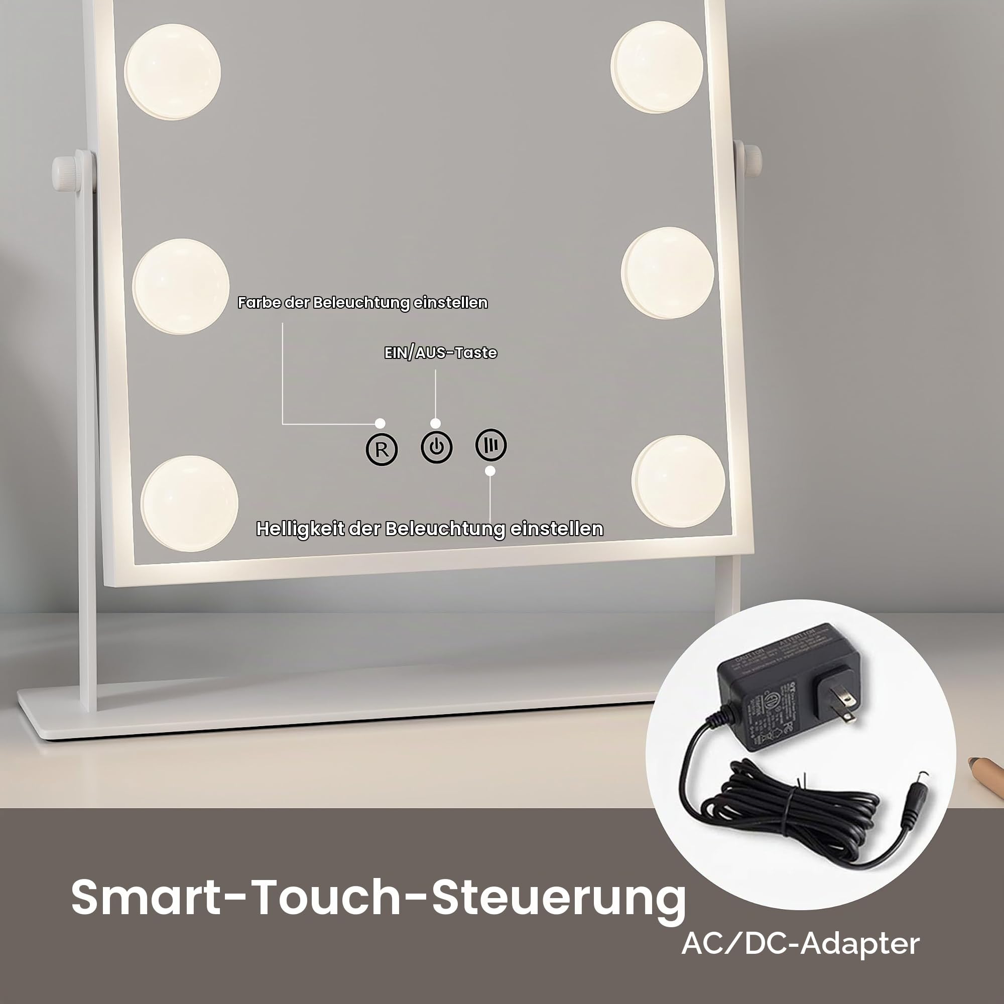 Schminkspiegel mit Beleuchtung groß – Hollywood Spiegel Schminktisch 3 Lichtfarben & Touch – Schminktisch Spiegel mit Licht drehbar – Schminkspiegel Licht – Aluminium Vanity Mirror with Light