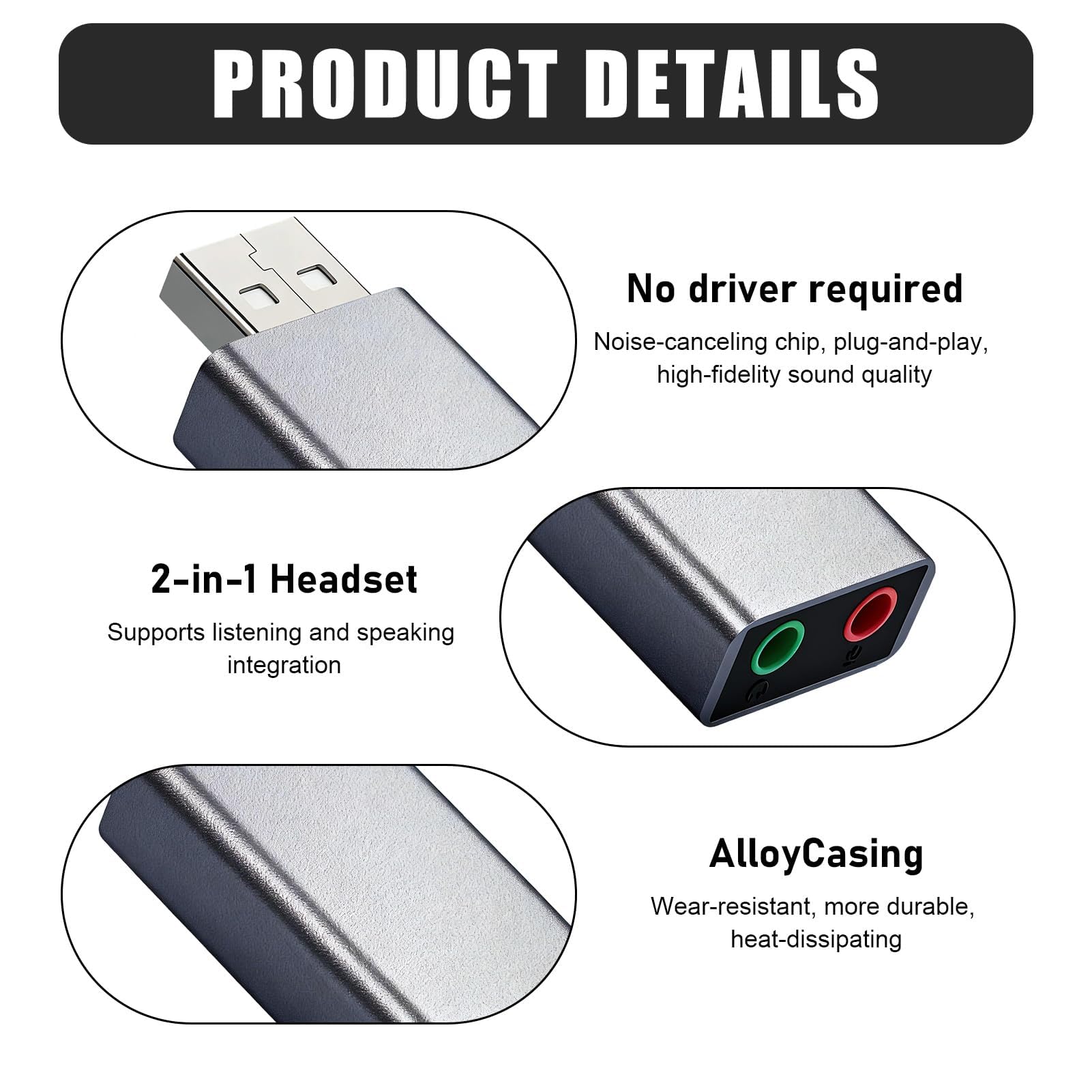 Adaptador USB a Jack 3.5 mm, Tarjeta de Sonido USB Externa para PC Laptop PS4 Auriculares con Micrófono, Adaptador de Audio 3D Compatible con Windows, Mac, Linux, Altavoces y Auriculares