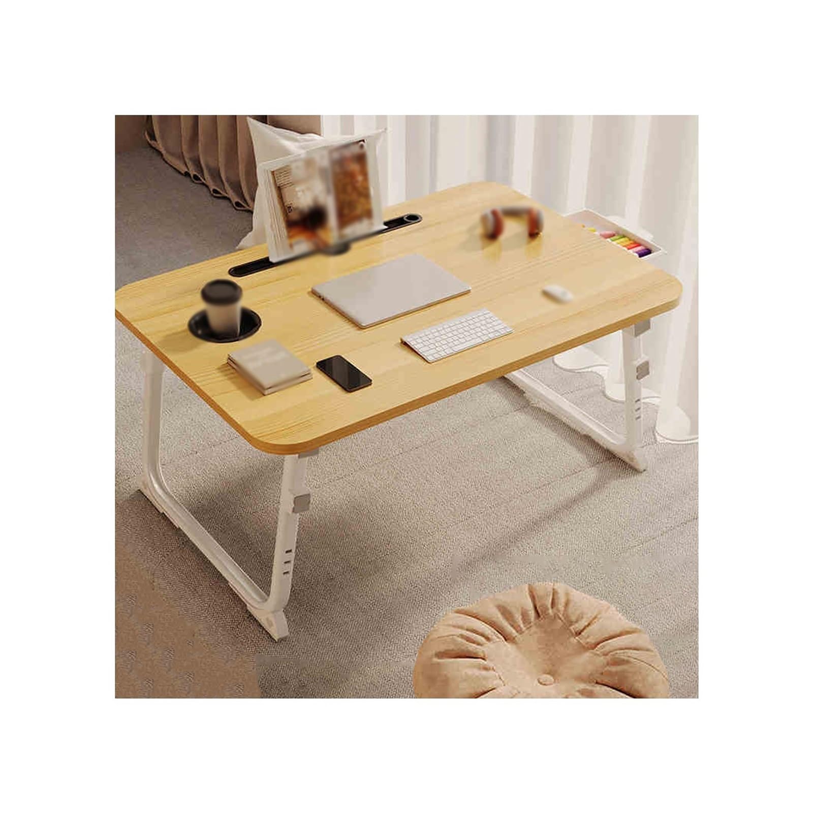 Lapdesk Pliable Plateau Pour Ordinateur Table Pliable Avec Porte Gobelet Table Portable Pour Ordinateur Table Pour Ordinateur Portable Table De Lit Pliante Multifonctionnel(Wood,Large drawer)