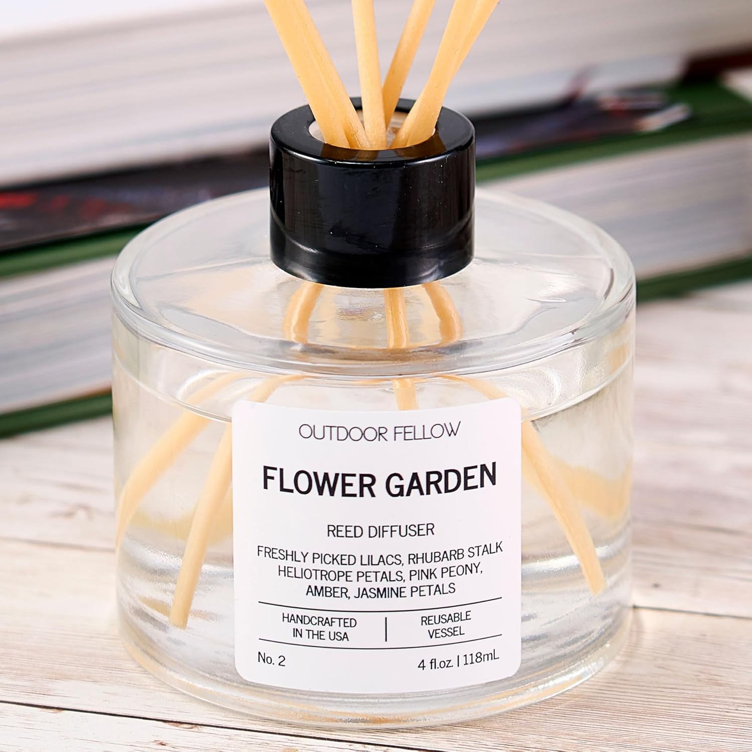 Outdoor Fellow Flower Garden Reed Diffuser, 4 fl. oz. - Fresh Lilacs, Peony, Amber, Jasmine - Reed Diffusers for Home - Long Lasting, Non-Toxic - Made in the USA