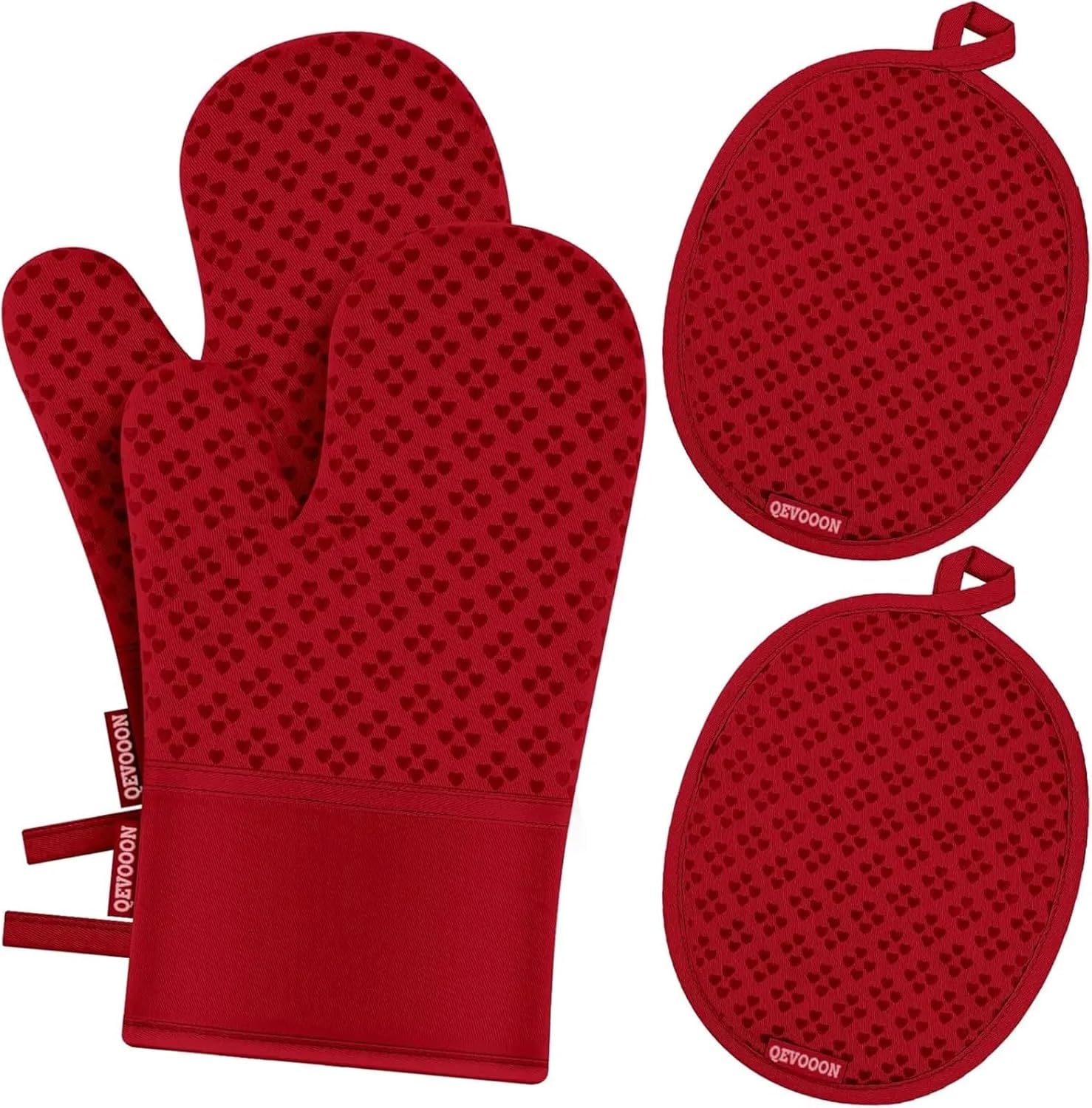 Heat Oven Mitts and Pot Holders Set of 4, Non-Slip Silicone Surface for Cooking Baking BBQ in Red