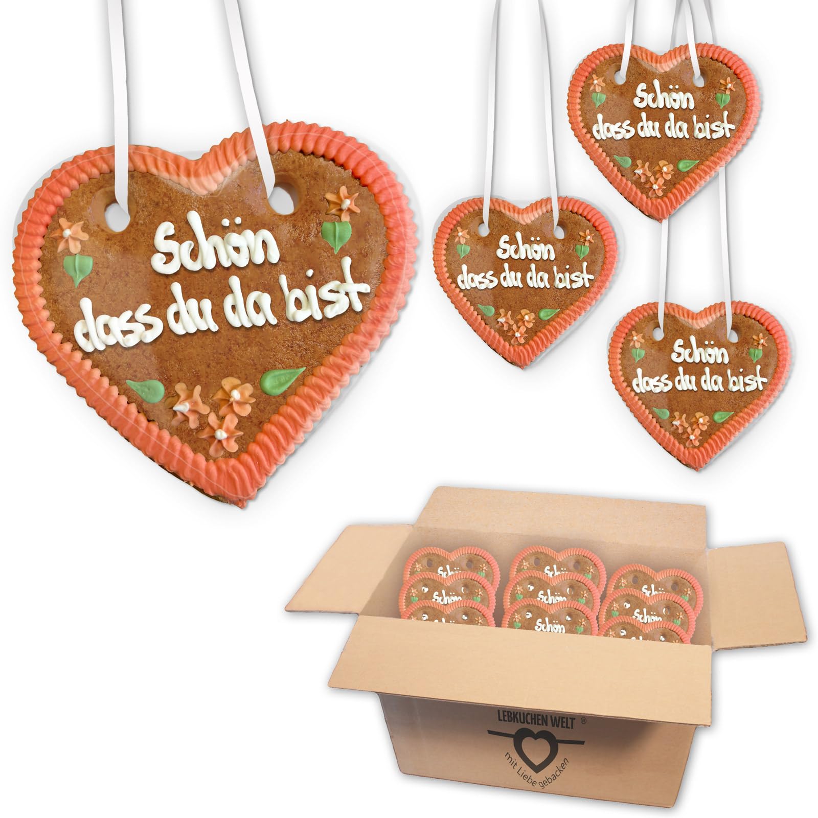 10x Lebkuchenherzen "Schön, dass du da bist", Design Blümchen, 16 cm