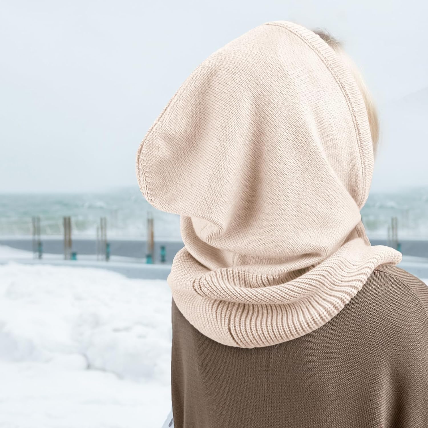 Hooded Scarf Hat Knit Balaclava Women Beanie Skull Cap with Drawstring Warm Winter Hats for Women Men Outdoor Sports - Image 3