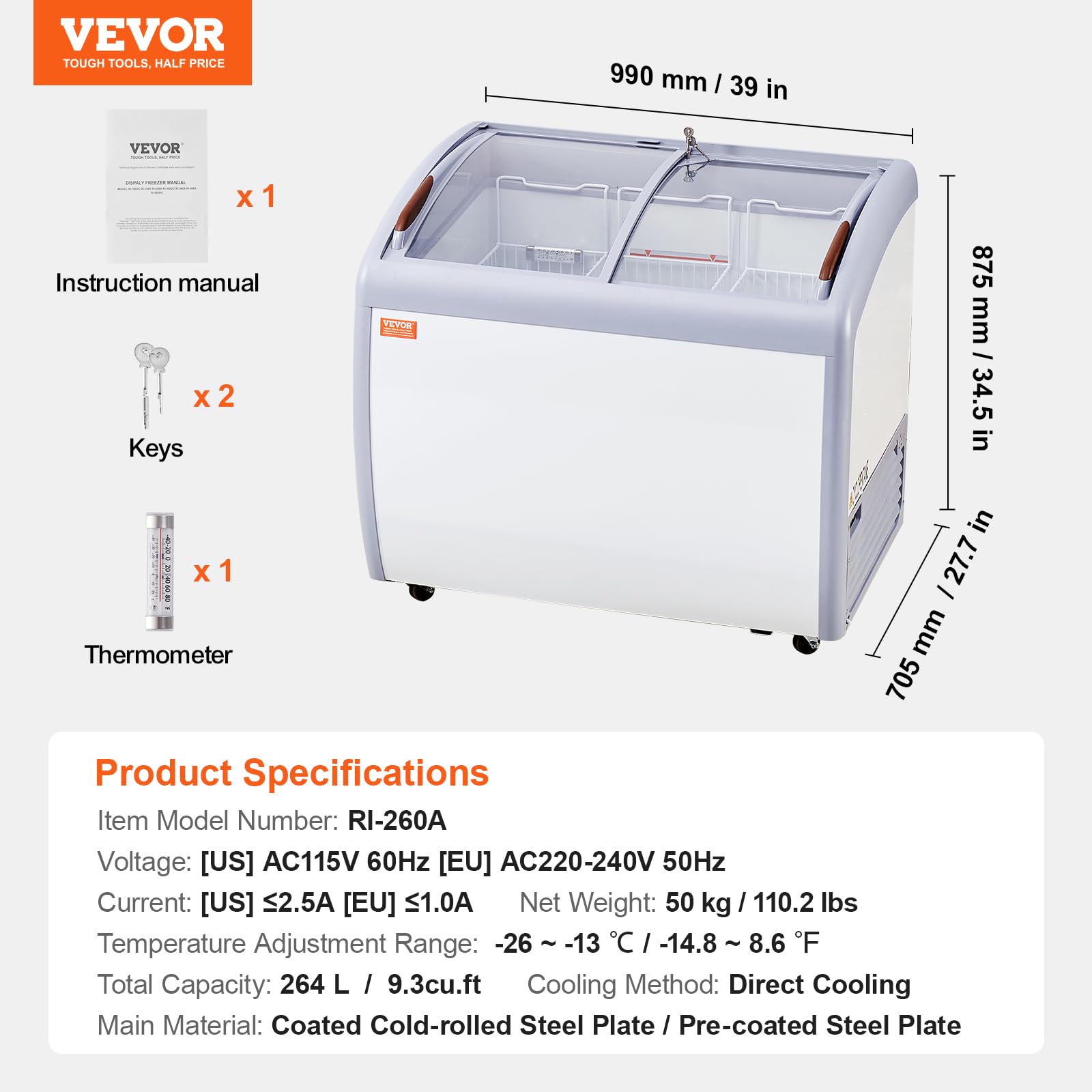 VEVOR Vetrina per Gelato Commerciale 990 x 705 x 875 mm Congelatore Mobile 264 L Vetrina per Gelateria con Piano Vetro, 3 Cestelli Metallici, 2 Porte Scorrevoli in Vetro, Ruote di Bloccaggio, Bianco