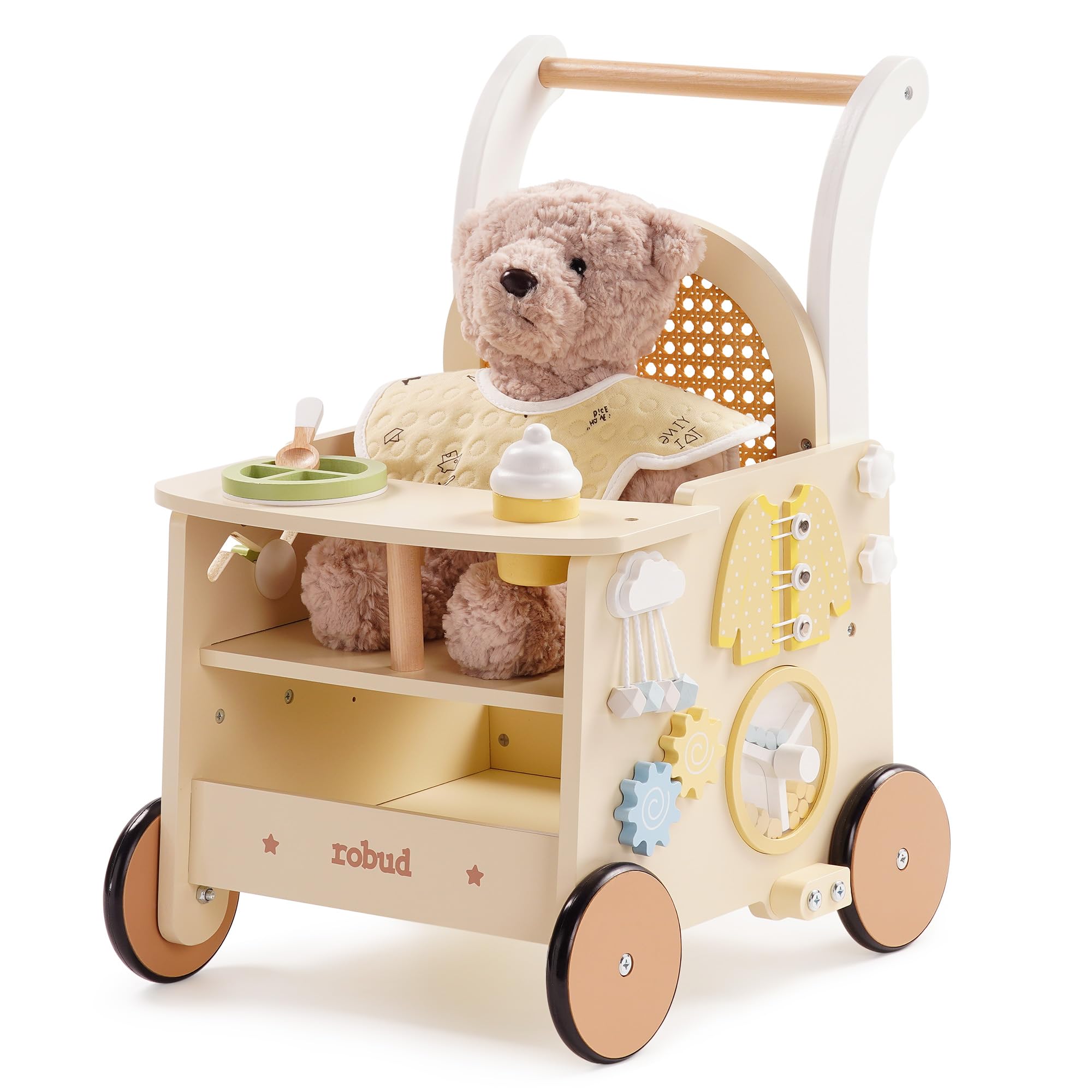 ROBUD Marchette en bois pour enfants de 1 à 2 ans, poussette 2 en 1 avec centre d'activités pour les tout-petits, marcheur à pousser avec frein de sécurité, jouets éducatifs pour garçons et filles de