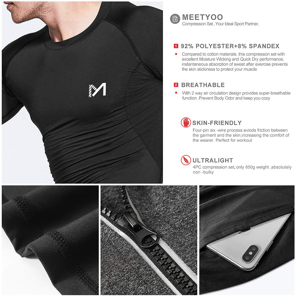 MEETYOO Tee Shirt Compression Homme, Legging Sport Short Fitness T Shirt Manches Courtes Collant Gym Running Vetement pour Jogging Musculation
