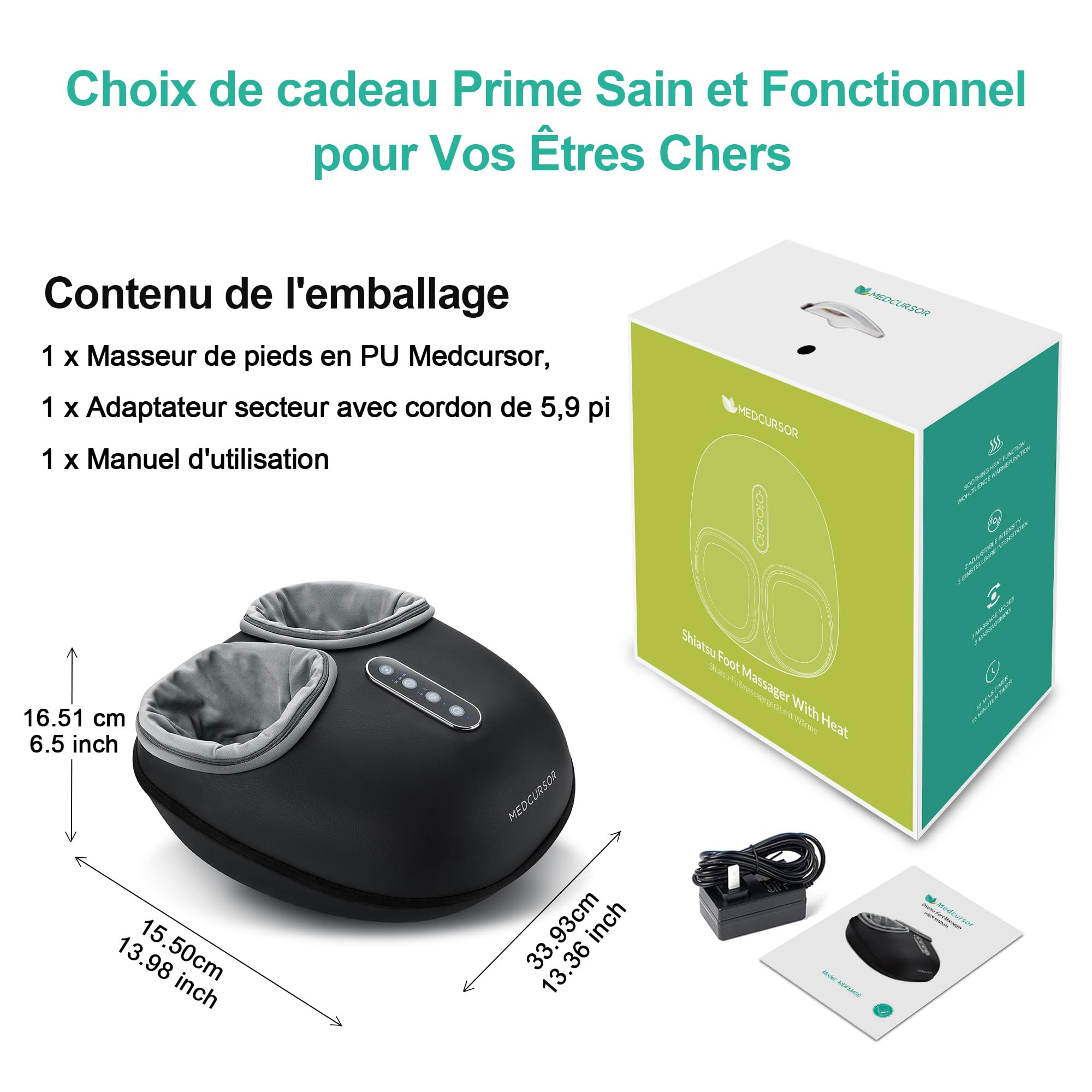 Machine de massage des pieds Medcursor avec fonction de chaleur, masseur à pétrissage profond, réglages multi-niveaux et intensité réglable pour utilisation à domicile ou au bureau (noir)