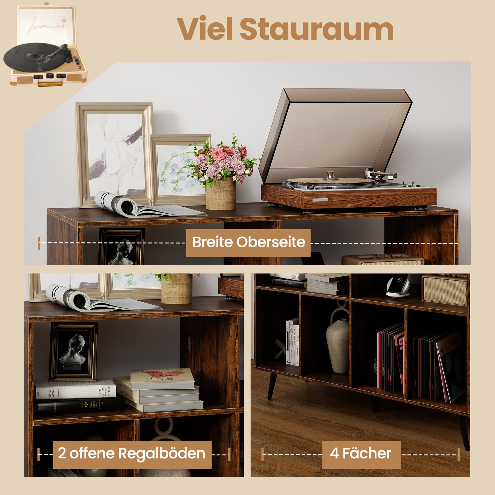 COSTWAY Plattenspielerständer mit Ladestation, Plattenspielerschank mit Vinyl-Aufbewahrungsregalen, Plattenaufbewahrungstisch inkl. 5 Metallbeinen, Sideboard für Wohnzimmer, Musikzimmer (Braun)