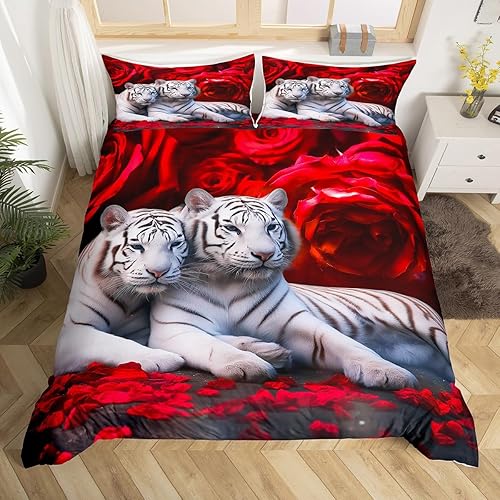 Miniatura 41 de Erosebridal Juego de ropa de cama de guepardo, tamaño King, con estampado de leopardo y rosas azules, funda de edredón con temática de animales