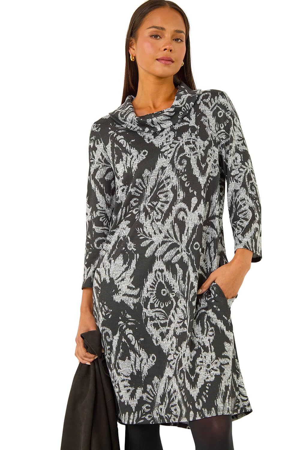 Roman Women's Black Petite Brushed Roll Neck Knit Dress In | Size: 16