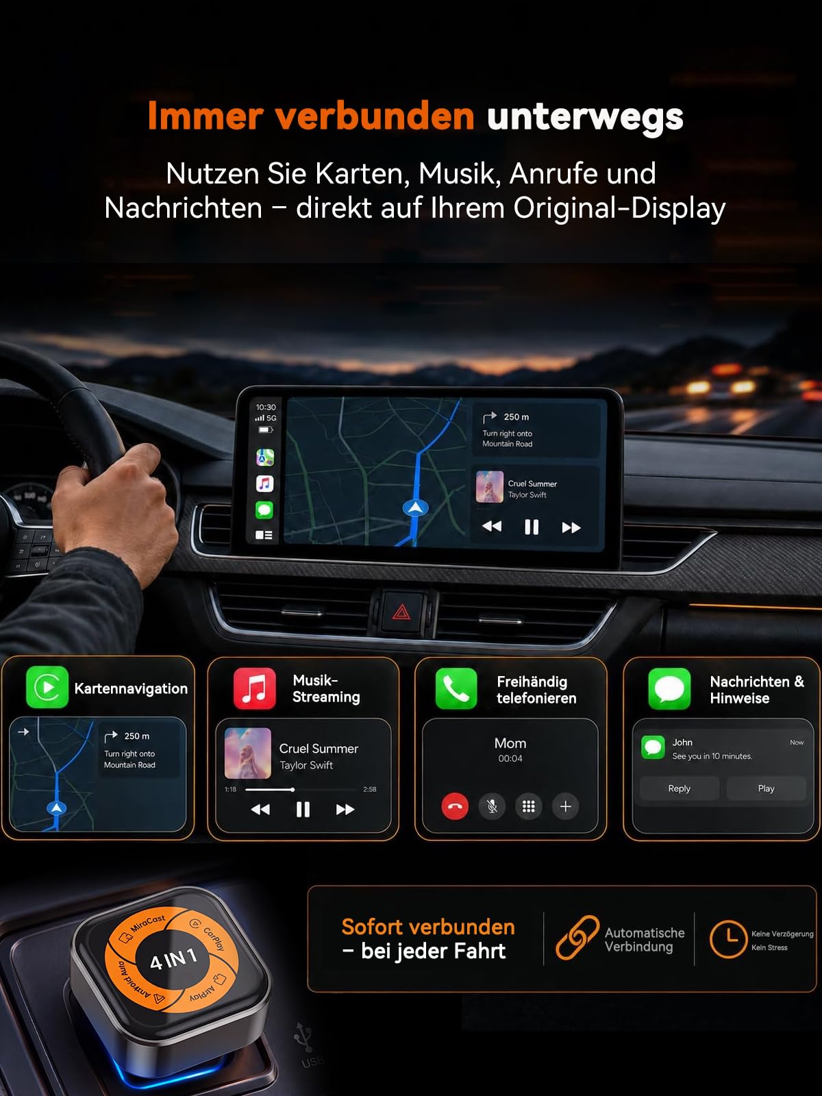 4-in-1 Wireless CarPlay Adapter für Apple CarPlay & Android Auto, AirPlay & MirrorLink Bildschirmspiegelung, Wired zu Wireless Car Play Adapter, 5.8GHz WiFi Bluetooth 5.4, Plug & Play, USB-A/C，Orange