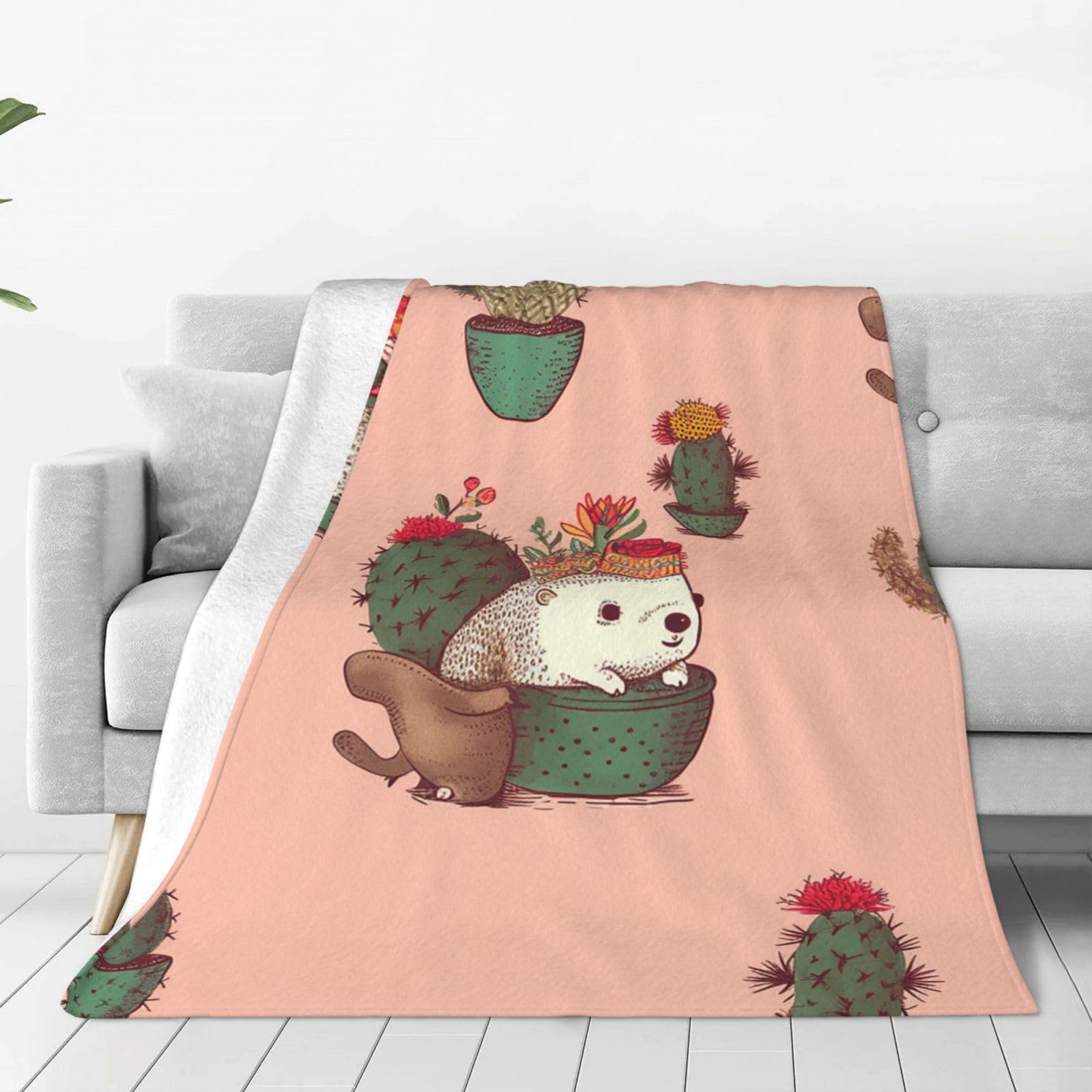 Hedgehog and Cactus Throw Blanket for Couch, Plush Fuzzy Soft Flannel Blankets and Throws for Sofa, 50"x40" Bed Blankets for Travel Camping Chair, All Season Warm Fleece Blanket