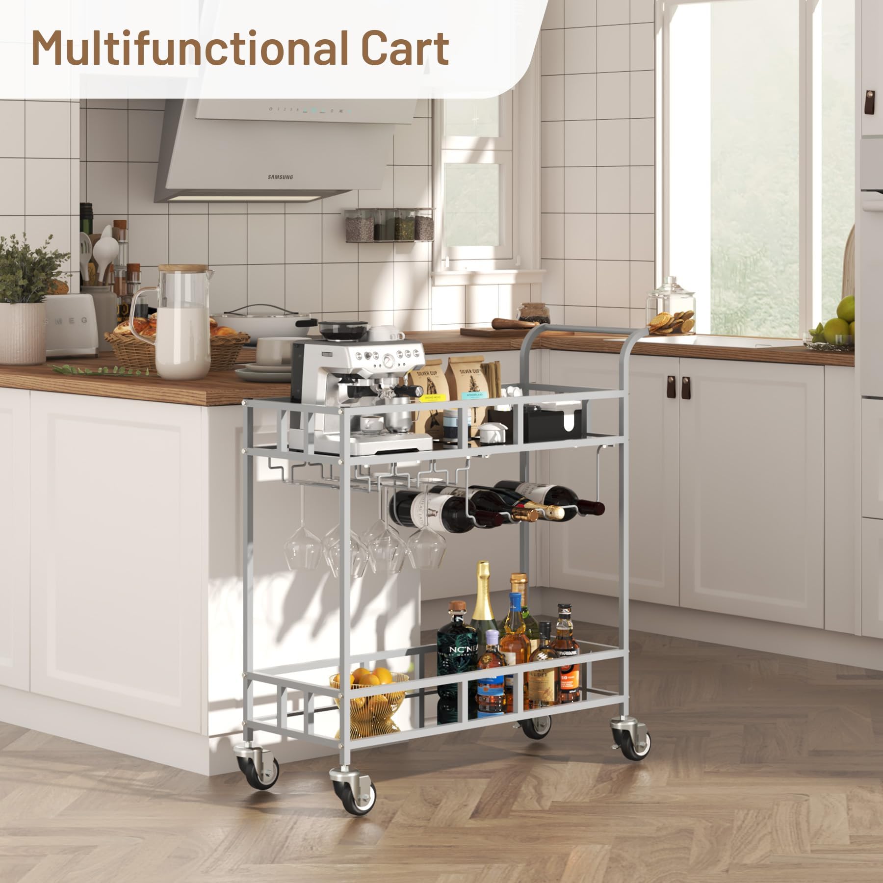 Garvee Carro de Bar rodante de 2 Niveles con estantes espejados – Porta Copas y Botellas – Compacto y portátil para Comedor, Cocina o Sala – Plata+Espejo, 4 Botellas, 3 Filas Copas, 34x15x35