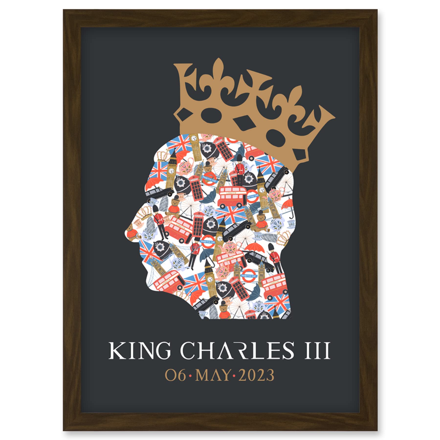 King Charles III Coronation British Symbol Collage Crown Grey Framed Wall Art A4
