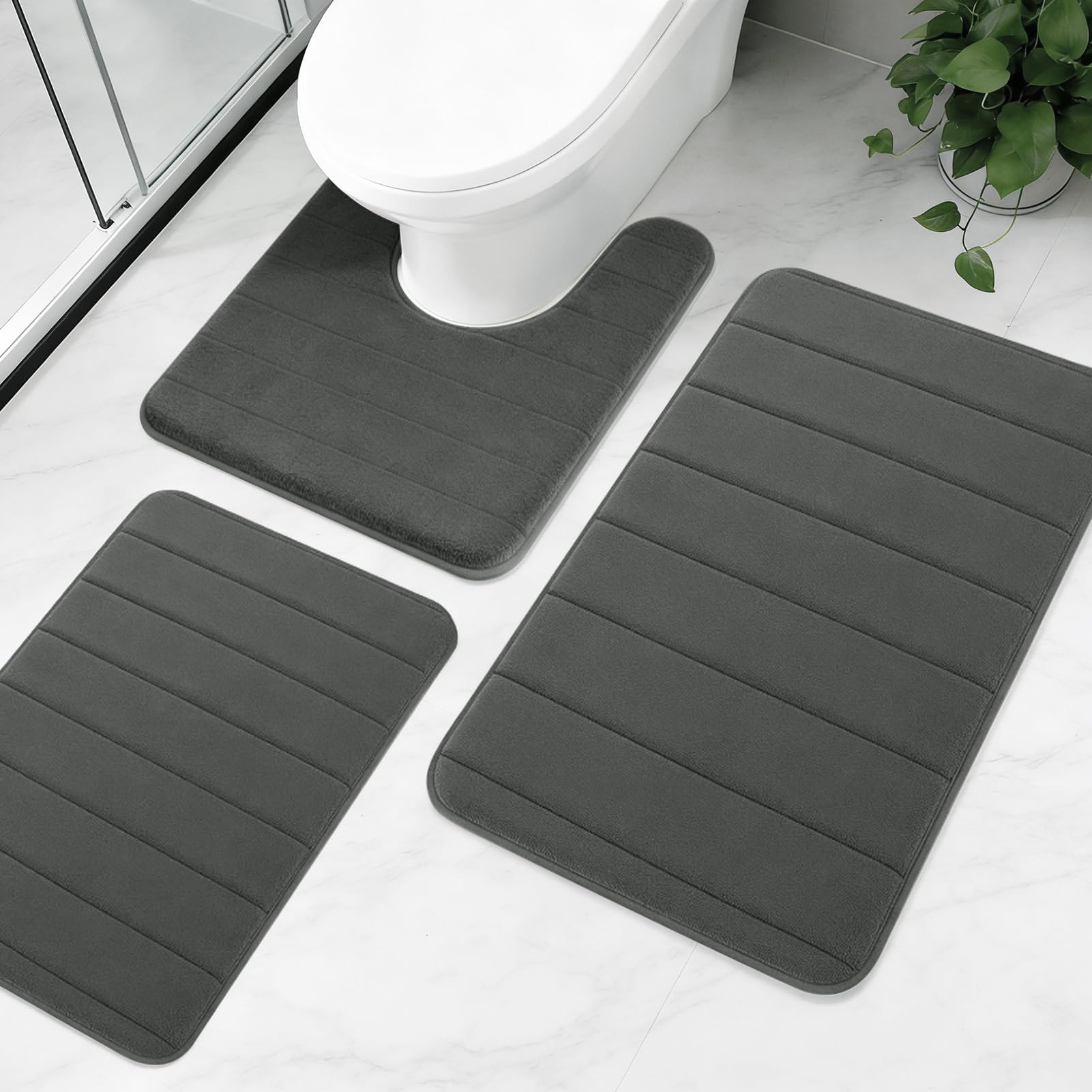 Set di 3 tappetini da bagno antiscivolo, lussuosi tappeti da bagno in memory foam, assorbenti d'acqua, morbidi, lavabili in lavatrice, tappetino da bagno per pavimento del bagno, grigio