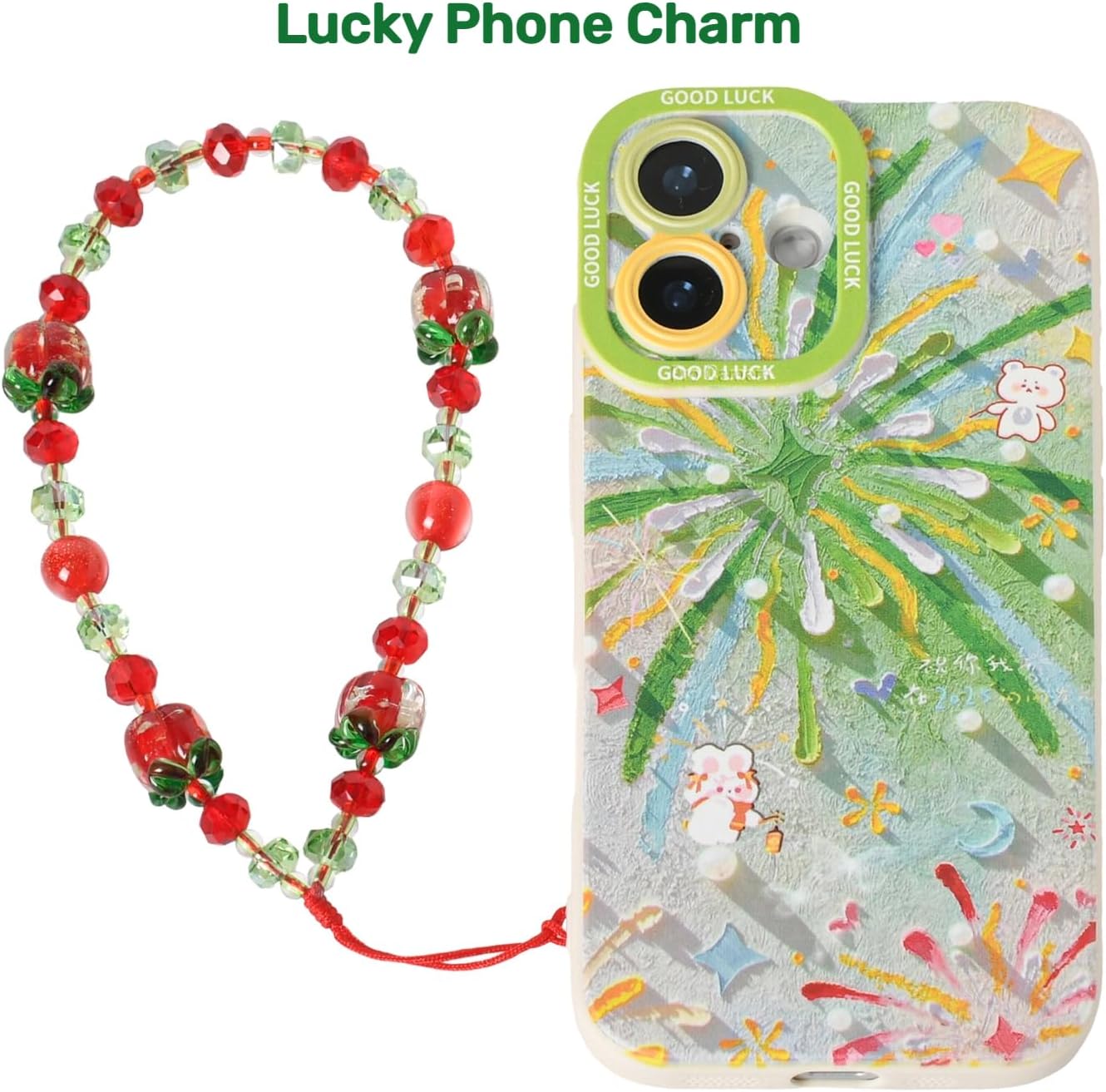 Lucky Apple Charm Phone Lanyard, Handmade with Red Green Crystal Beads - Lucky Charm Gift, Cute Phone Strap for Women - Image 3