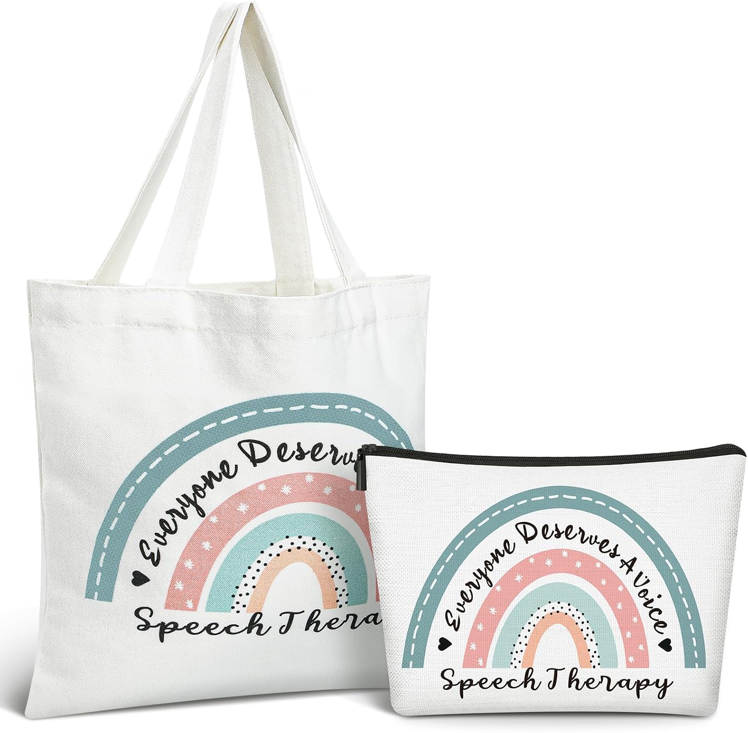 2 Pcs Speech Language Pathologist Gifts Everyone Deserve a Voice Speech Therapy Tote Bag Rainbow Slp Cosmetic Bag Christmas Party Gifts for Women Sp Assistant Therapist