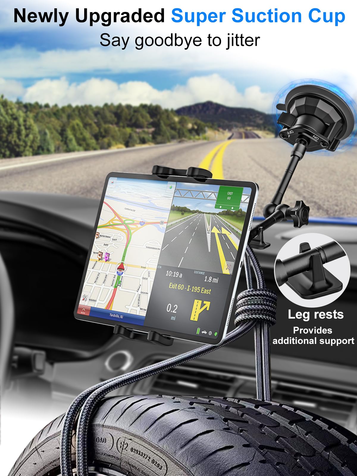 Support de tablette pour tableau de bord, camion, pare-brise, iPad avec bras en métal, support de tablette avant pour téléphone portable et tablettes de 4 à 12,9", iPad Pro/Air/Mini, Galaxy