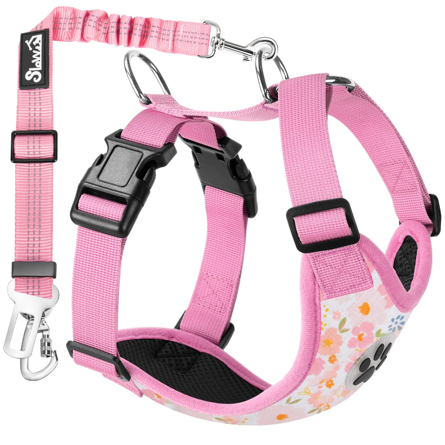 SlowTon Dog Car Harness with Seat Belts, 2 in 1 Safety Adjustable Dog Seat Belts for Cars with Clip and Buckle, Breathable Mesh Pet Vest Harness Seatbelts with Secure Elastic Buffer for Travel