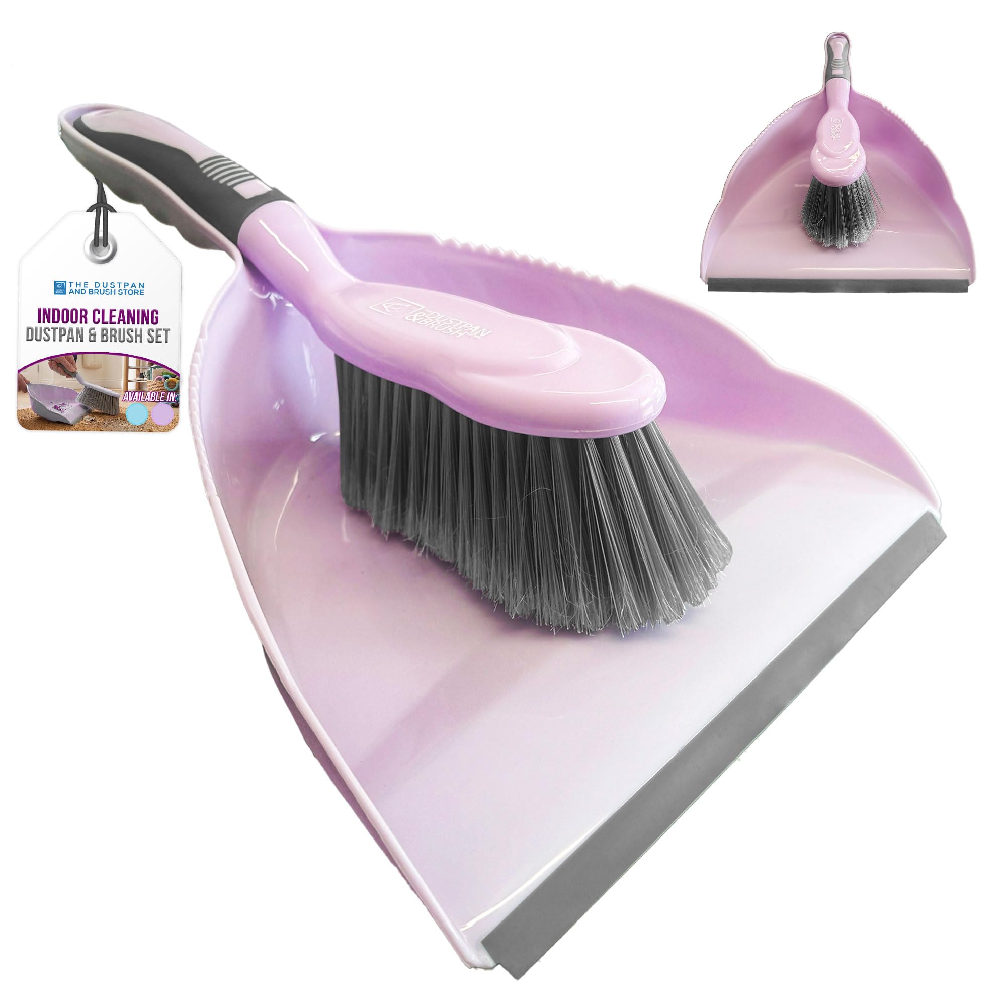 Dustpan and Brush Set Indoor Cleaning Compact Dust Pan and Brush with Soft Bristles & Rubber Lip Pan - Secure Grip Handle Hanging Storage - Lilac