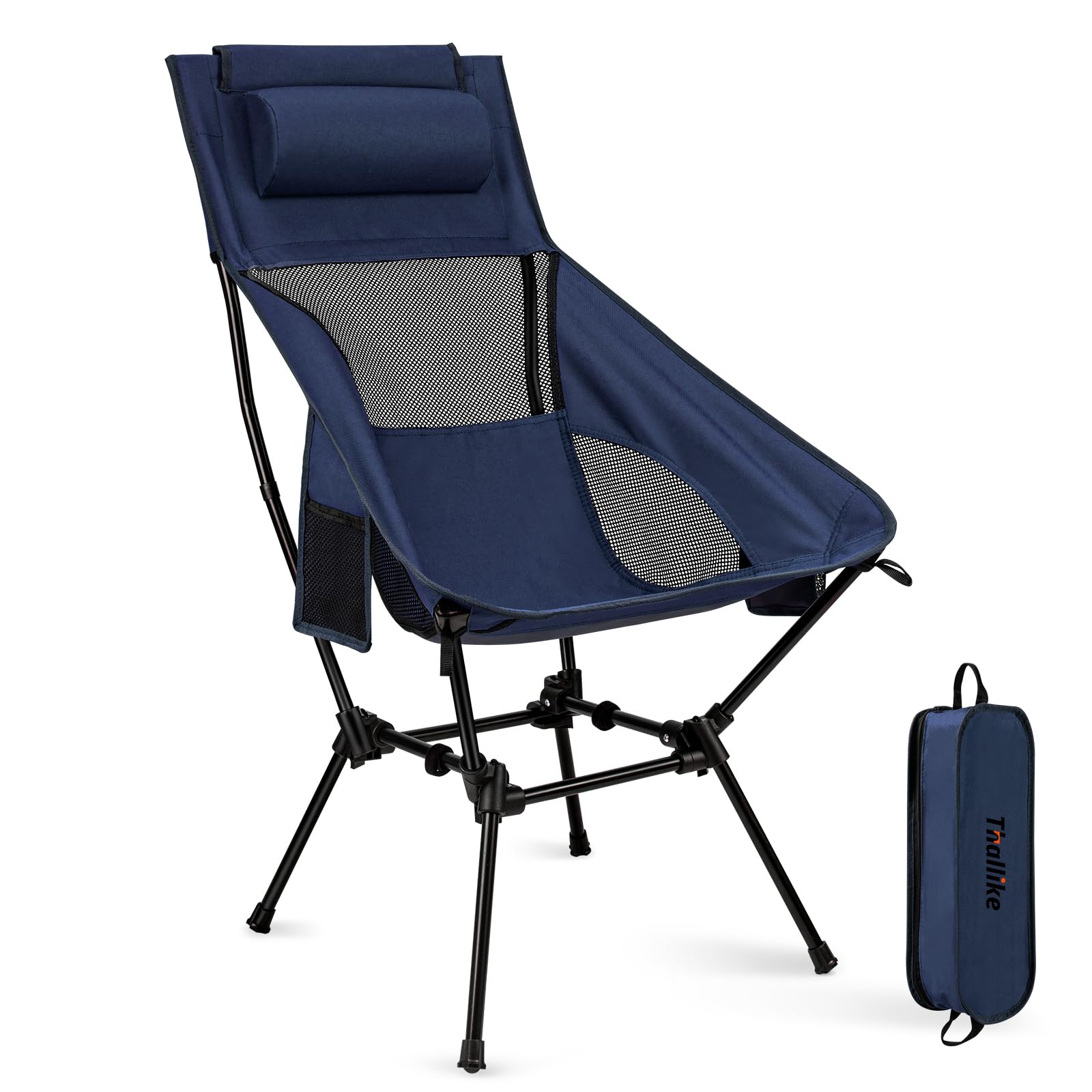 Campingstuhl Hochlehner Faltbar 150kg, Ultraleichter Tragbar Klappstuhl mit Kopfstütze 2 Seitentaschen, Kompakter Angelstuhl Klappbar mit Tragetasche für Camping, Strand, Outdoor und Wandern