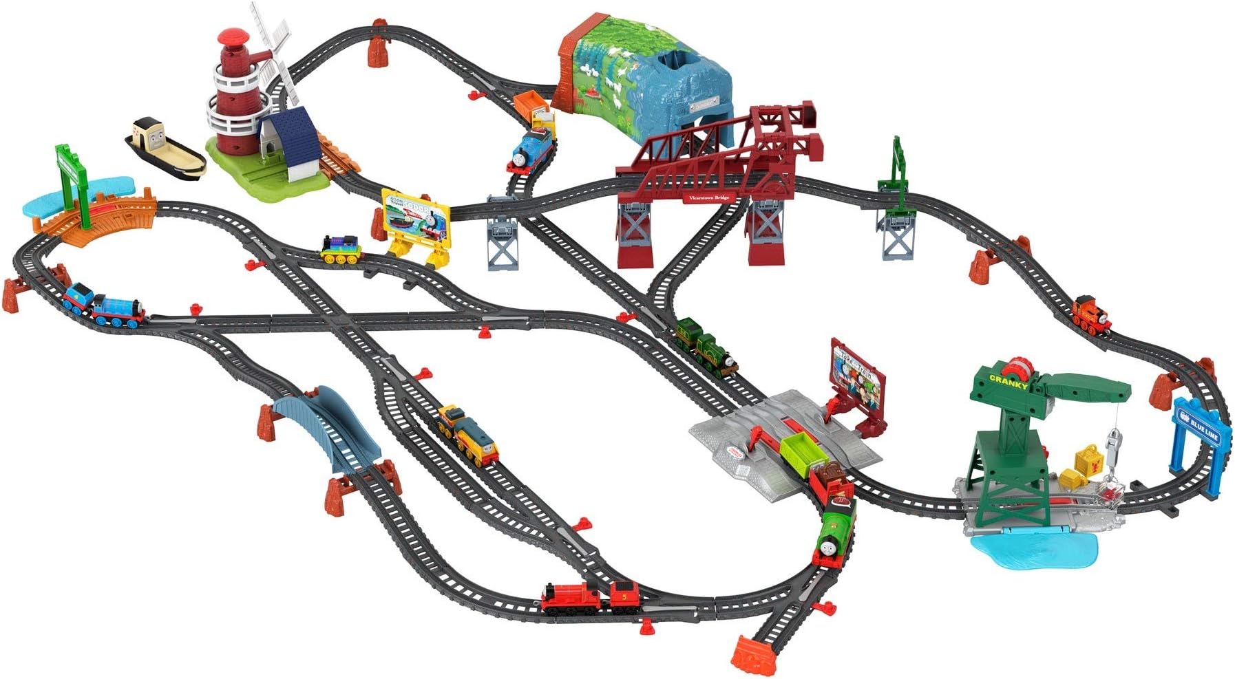 Thomas & Friends All Around Sodor Deluxe Set, motorized train set with talking engines, working crane and windmill for preschool kids
