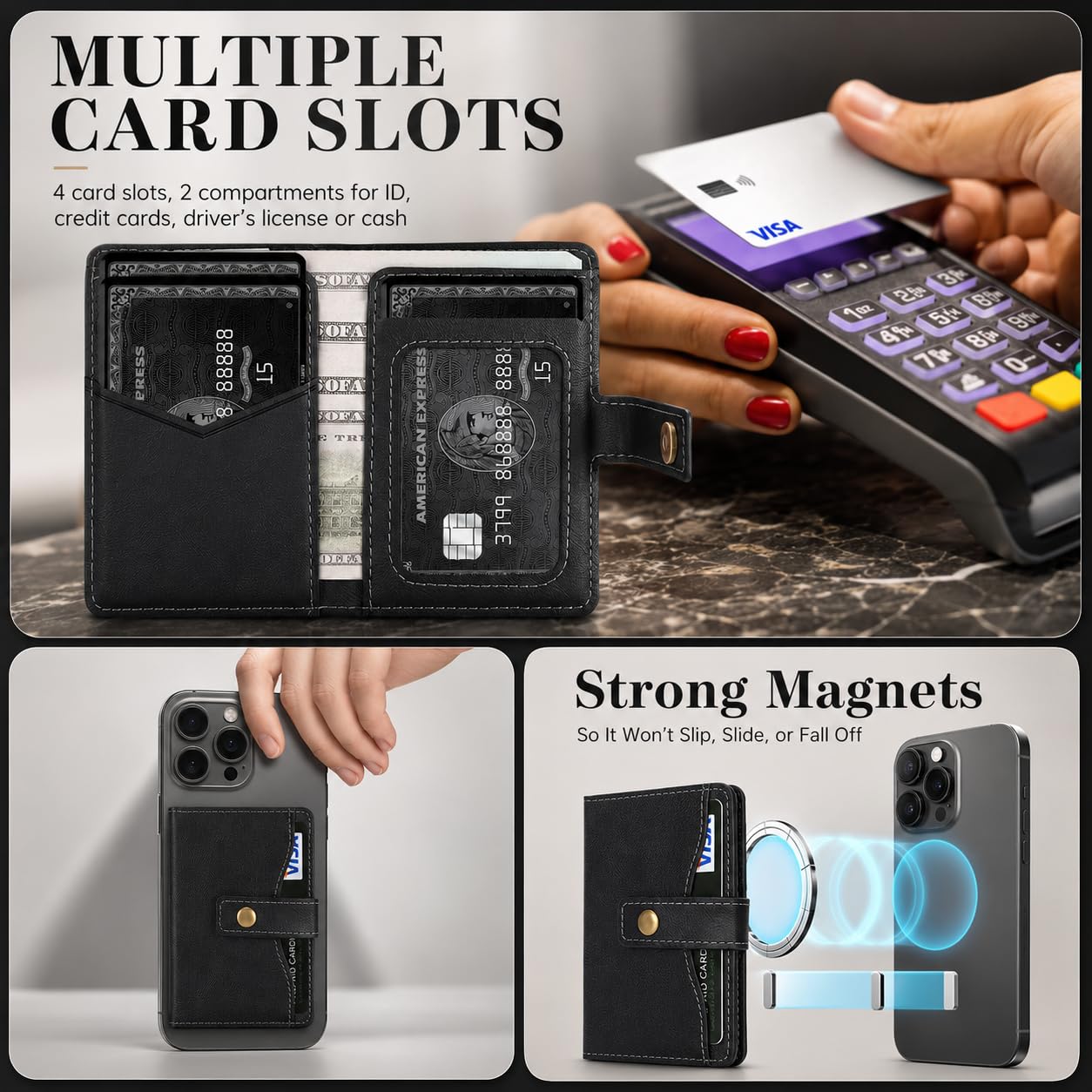 Magnetic Wallet kompatibel mit MagSafe,RFID-blockierender PU-Leder Kartenhalter,4 Kartenfächer, Geldfach,Foto-ID-Fenster,Druckknopf,Magnetring inklusive,kompatibel mit iPhone&Android-Hüllen,Schwarz