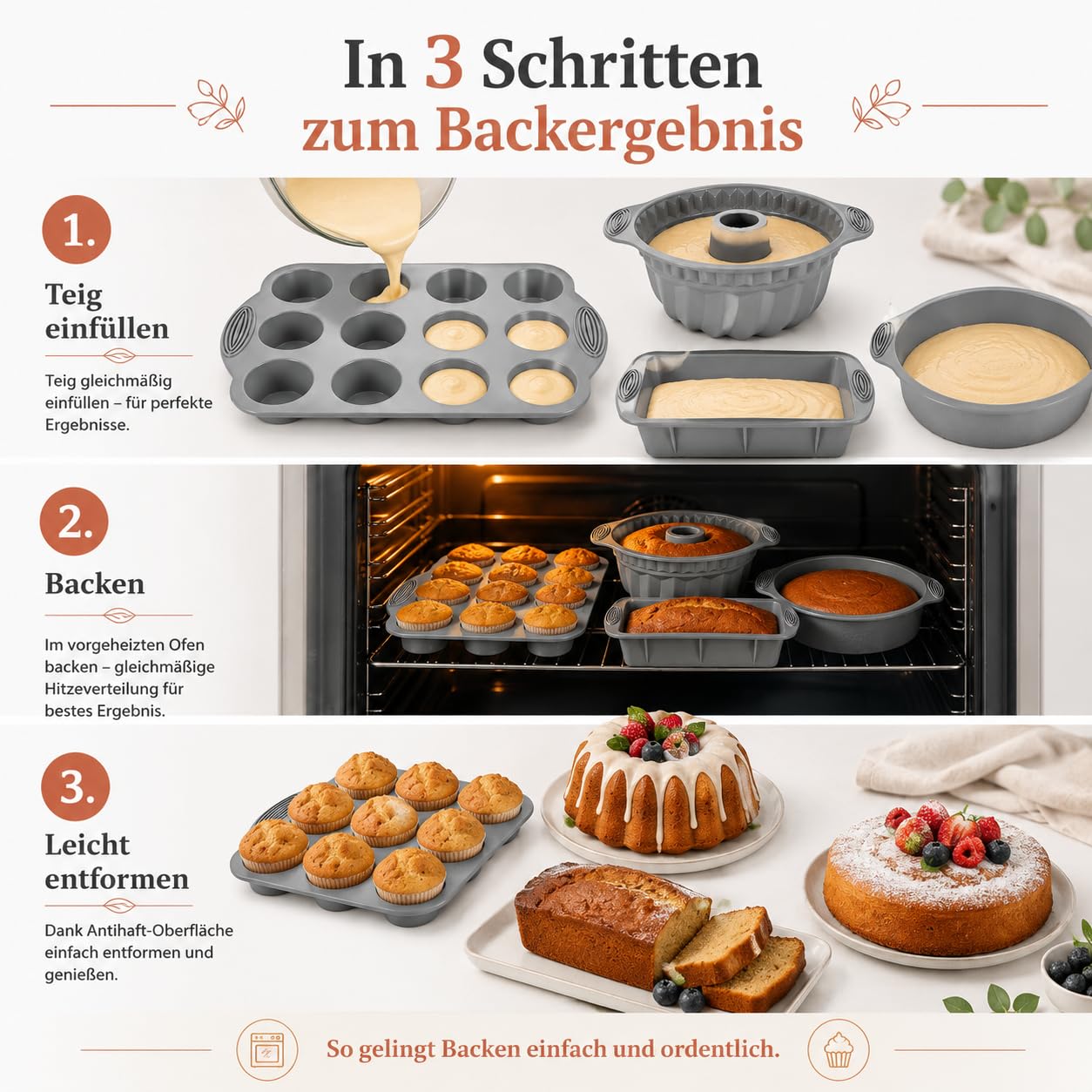 Silikon Backformen Set, 8 Stück Silikon Backform Gugelhupf Brotbackform Kuchenform Muffinform, Springform Backform mit Teigschaber und Backpinsel Für Backen Brot Toast Kuchen Cupcake Muffin