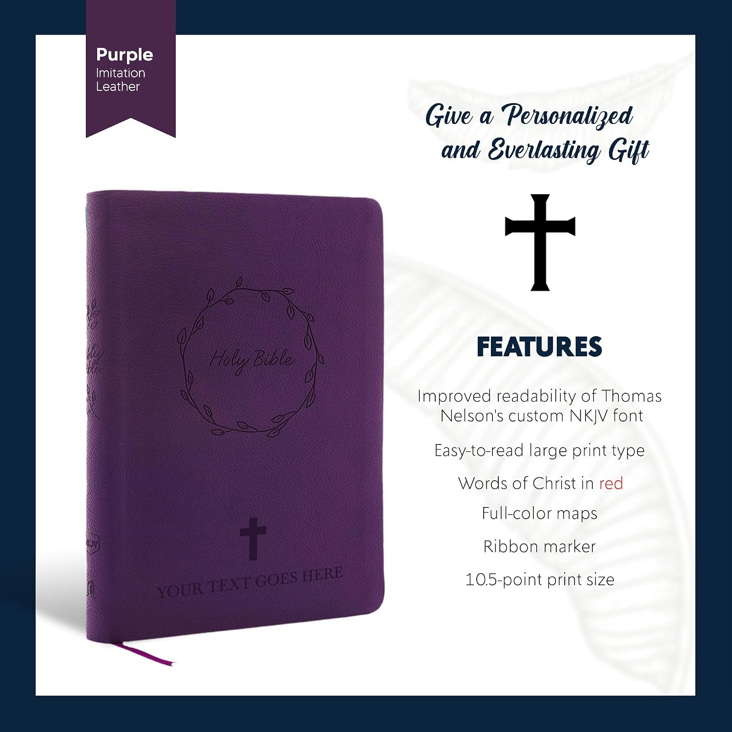 MerchSalad Personalized Custom NKJV Thinline Large Print Holy Bible with Name Includes Up To 3 Rows Of Text with Red-Highlighted Verses, Custom Gift for Christian & Religious Celebrations | Purple