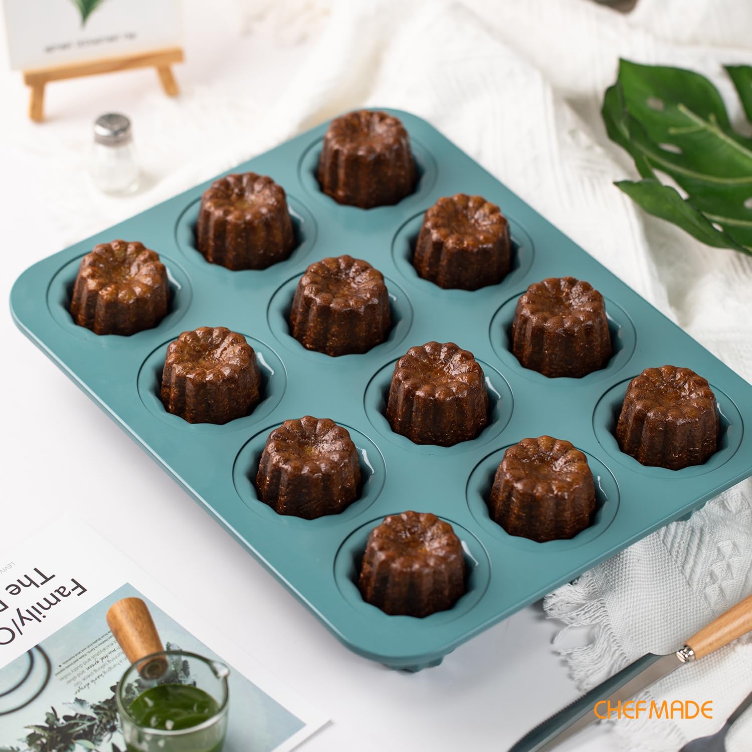 CHEFMADE Canele Moule à gâteau anti-adhésif 16 cavités Canele Muffin Ustensiles de cuisson (vert)