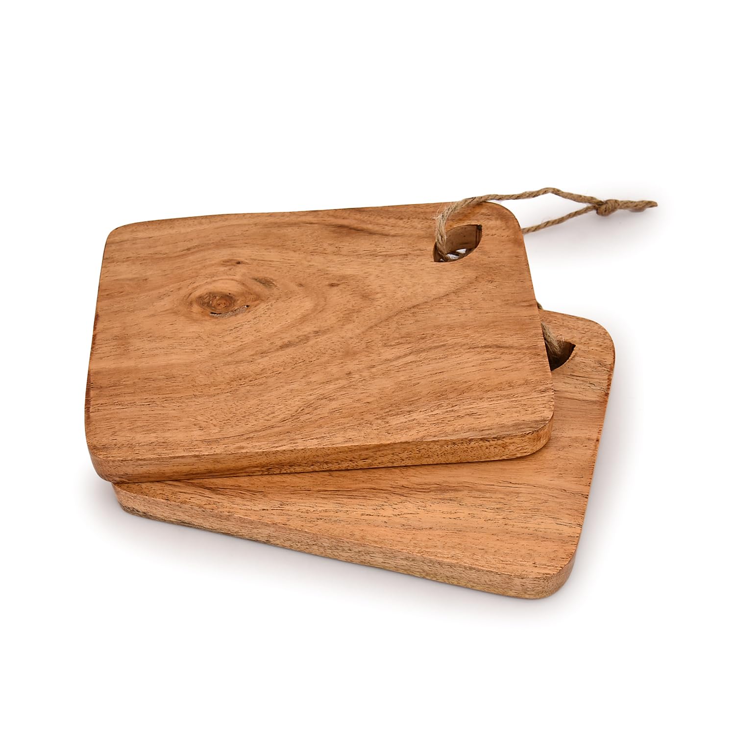Indus Lifespace Cutting Board Acacia Wood Set of 2 with Hanging Hole Wooden Chopping Boards for Fruit, Vegetable, Camping Trip (8" x 6" x 0.75")
