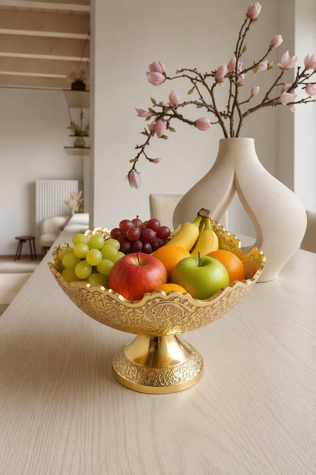 MOJO JOJO Premium Brass Decorative Pedestal Bowl | Handcrafted Engraved Serving Bowl with Stand | Multipurpose Fruit, Dry Fruit & Center Table Bowl | Elegant Traditional Home Décor & Gift Item 1