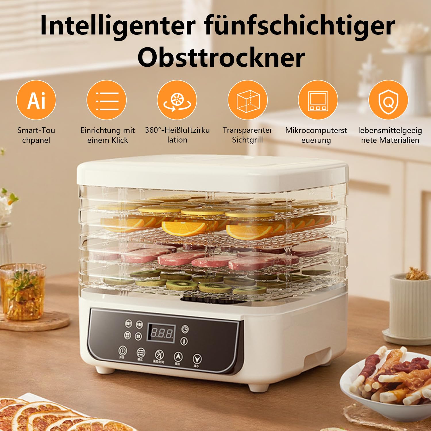 Déshydrateur automatique avec 5 compartiments, 160 W, 35-70 °C, minuterie 72 h, déshydrateur en acier inoxydable pour viande, fruits, légumes, aliments, champignons, fruits, déshydrateur