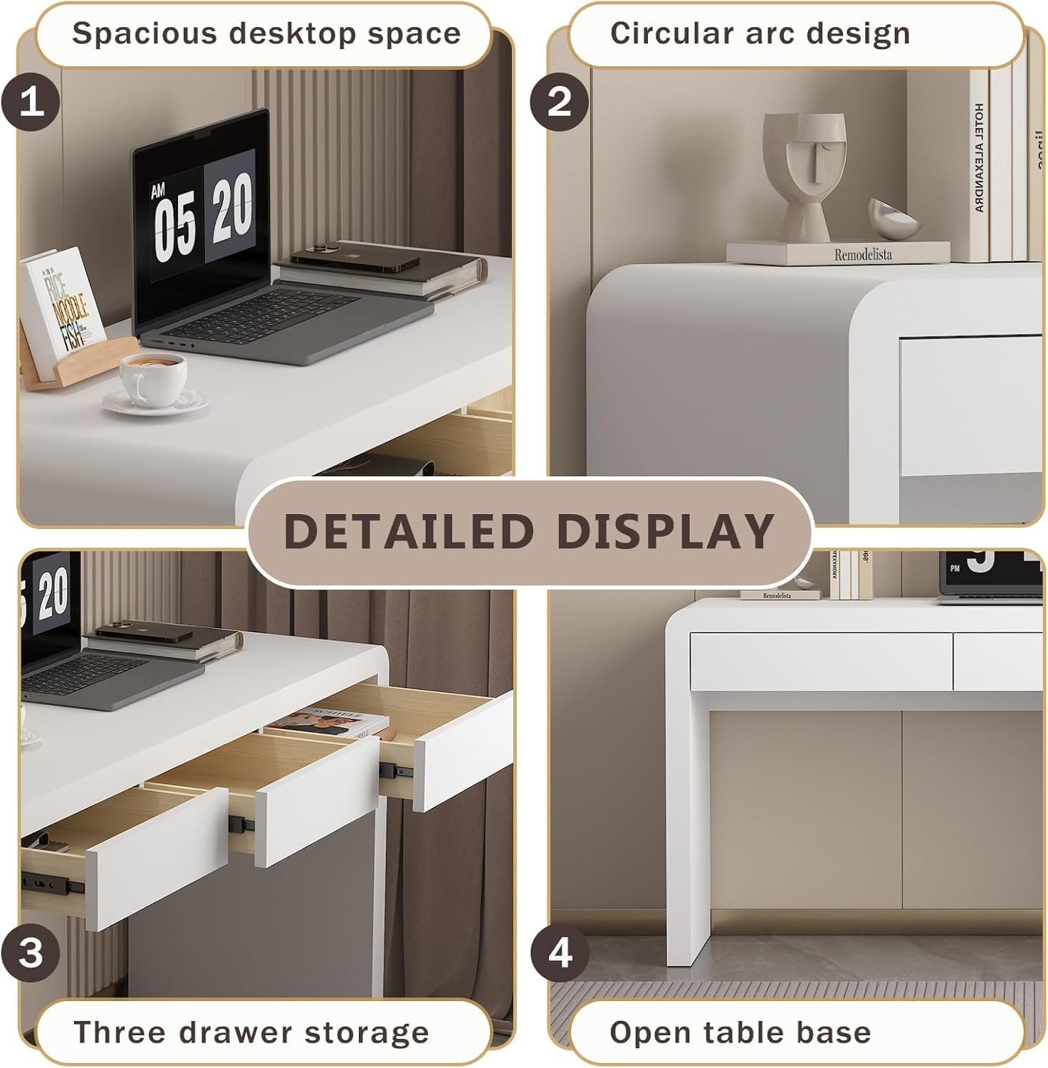 Executive Desk with Drawers, White Computer Desk with Drawers with Three-Layer Lacquered Thick Wooden Board, 55 inch Modern Home Office Desk for Study, Living Room, Bedroom