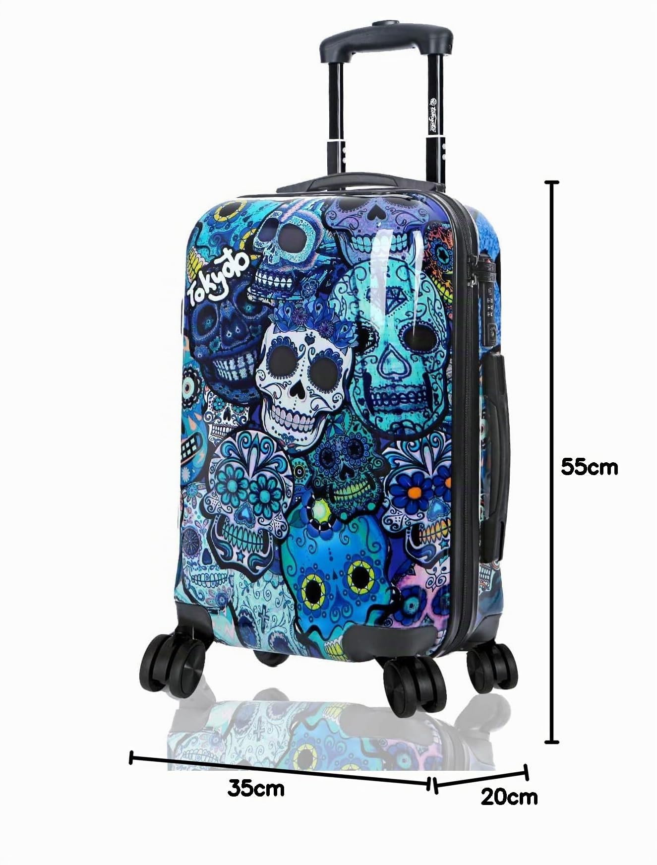 Maleta Cabina Infantil Juvenil 55x35x20 USB Blue Skulls Calaveras Mexicanas | Diseño de catrinas; equipaje juvenil infantil ligero con USB y Powerbank, 4 ruedas dobles
