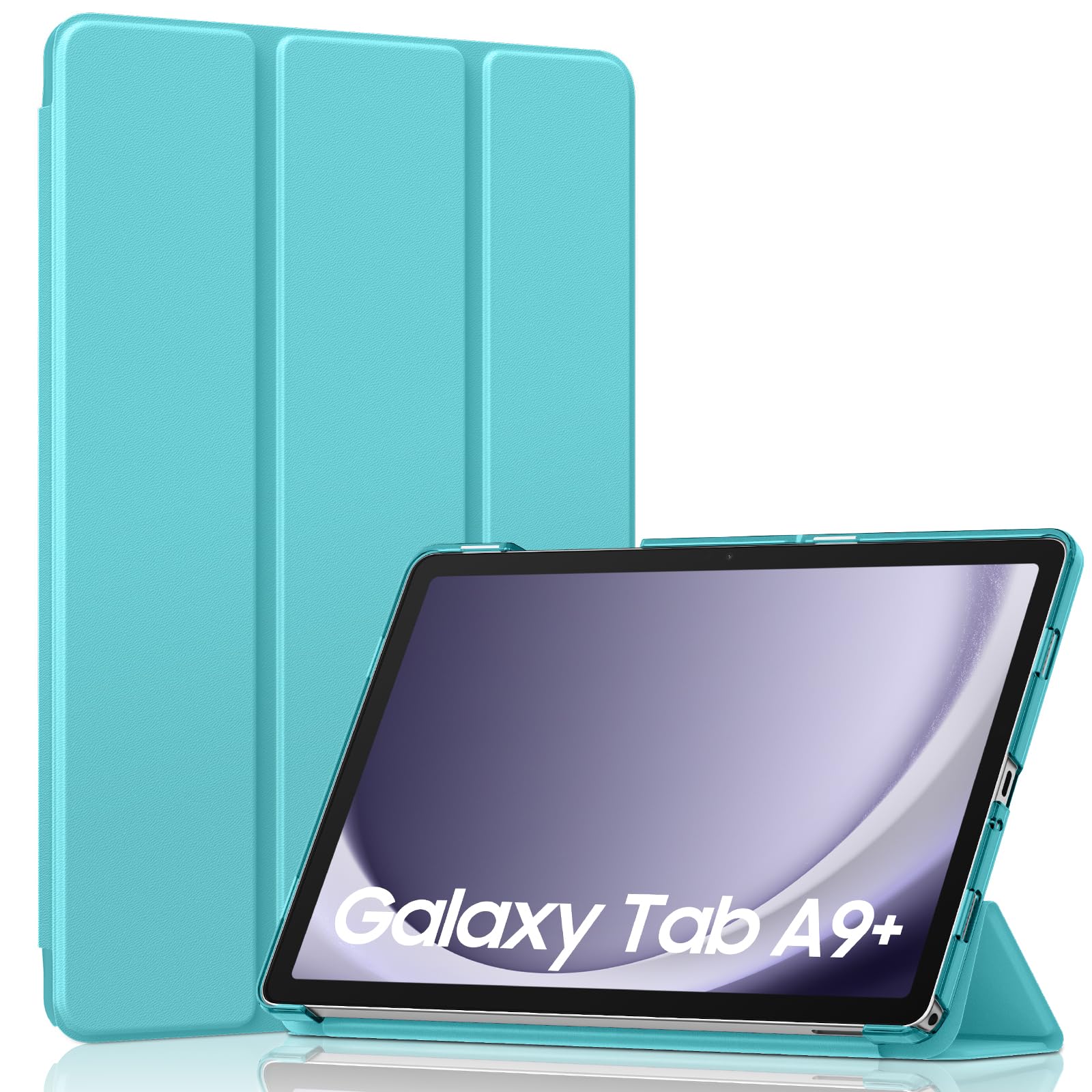 MoKo Trifold Case for Galaxy Tab A9 Plus/A9+ 11 Inch 2023, Azure | Slim Stand Hard PC Translucent Back Shell Smart Cover, Auto Sleep/Wake, Light, Anti-scratch, 2 Adjustable Angle