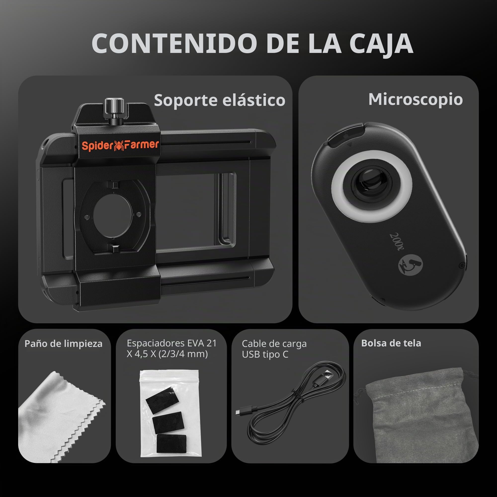 Spider Farmer Microscopio para móvil 200x microscopio para Smartphone, Lupa para móvil con LED para jardineros/niños, Compatible con iPhone/Android