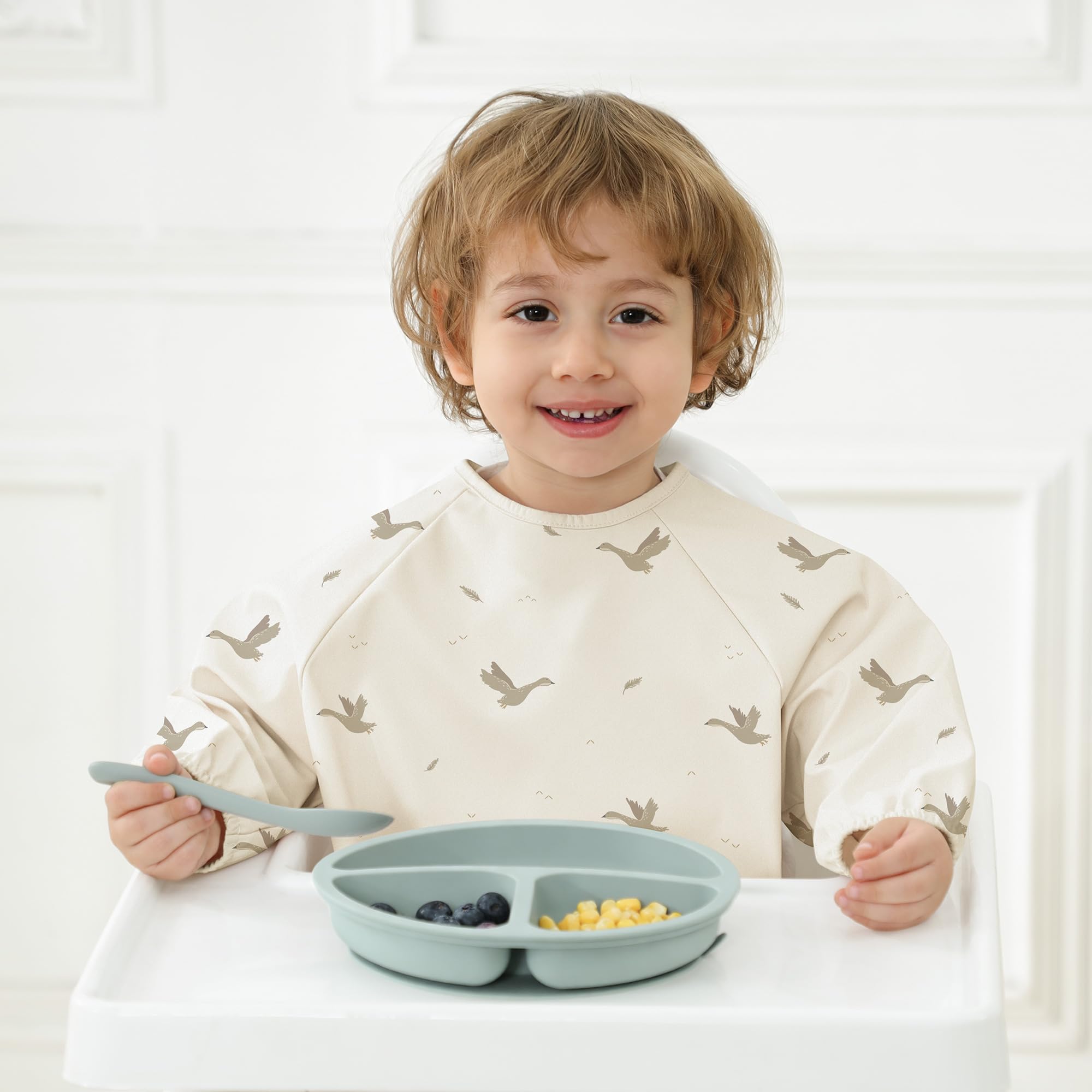 bearmoss Bavoir Manche Longues Bébé BLW Bavette de Sevrage Imperméable PU Bébés Enfants
