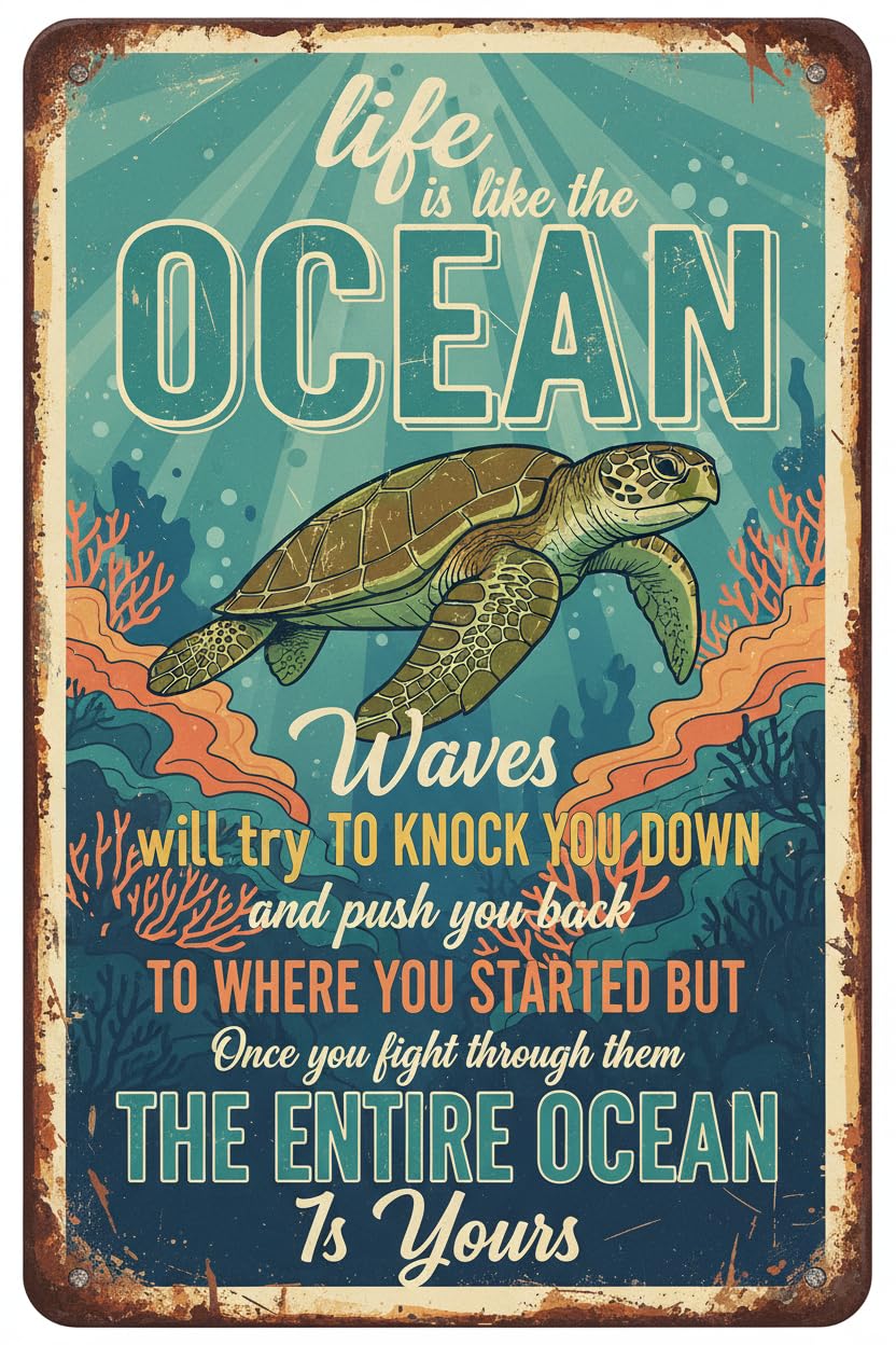 Life Is Like Ocean Sea Turtle Tin Sign, 8x12 Inch Decor