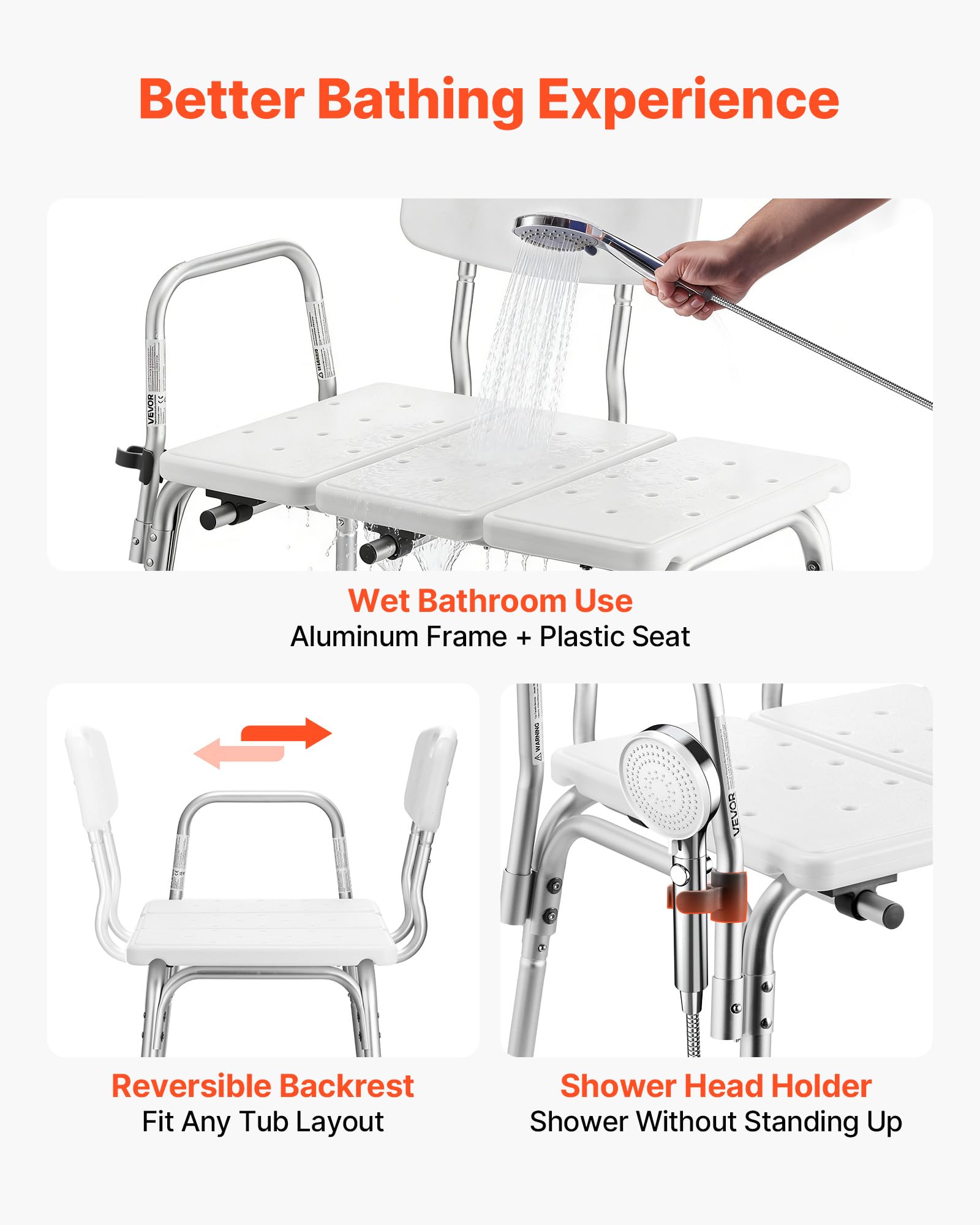 VEVOR Panca di Trasferimento per Vasca da Bagno, Sedile da Bagno con Bracciolo Schienale Carico max 180 kg, Panca per Trasferimento di 830 x 600 x 890 mm Doccia per Adulti Altezza Regolabile