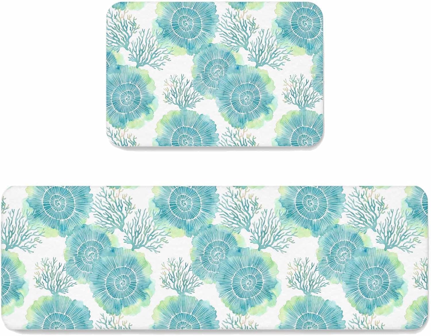 Prime Leader Sea Urchins Kitchen Mat Set 2 Pieces Summer Marine Life Aqua Blue Coral Coastal Non Slip Kitchen Rugs Washable Runner Rug Mats for Floor Sink Laundry Office 15.7" x 23.6"+15.7" x 47.2"