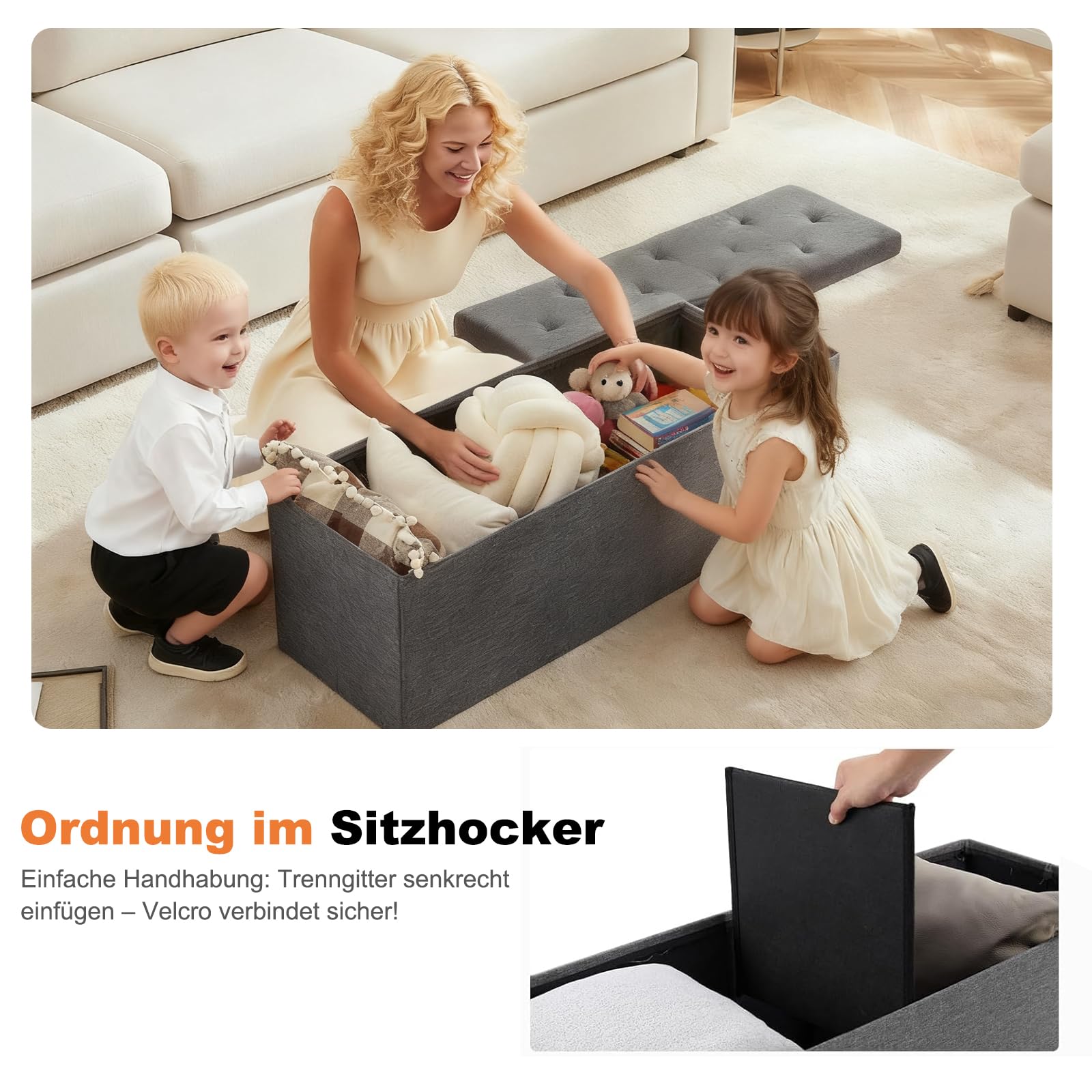 Sweetcrispy Sitzbank mit Stauraum, Klappbare Sitztruhe, Sitzhocker, 110 x 38 x 38 cm, Aufbewahrungsbox mit Deckel als Hocker & Fußbank, bis 300 kg belastbar, für Wohnzimmer Schlafzimmer Flur, Grau