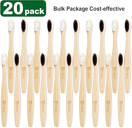 Miniatura 2 de Cepillos de dientes de bambú con cerdas medianas para adultos, paquete de 20 cepillos de dientes familiares a granel, cepillo de dientes de madera