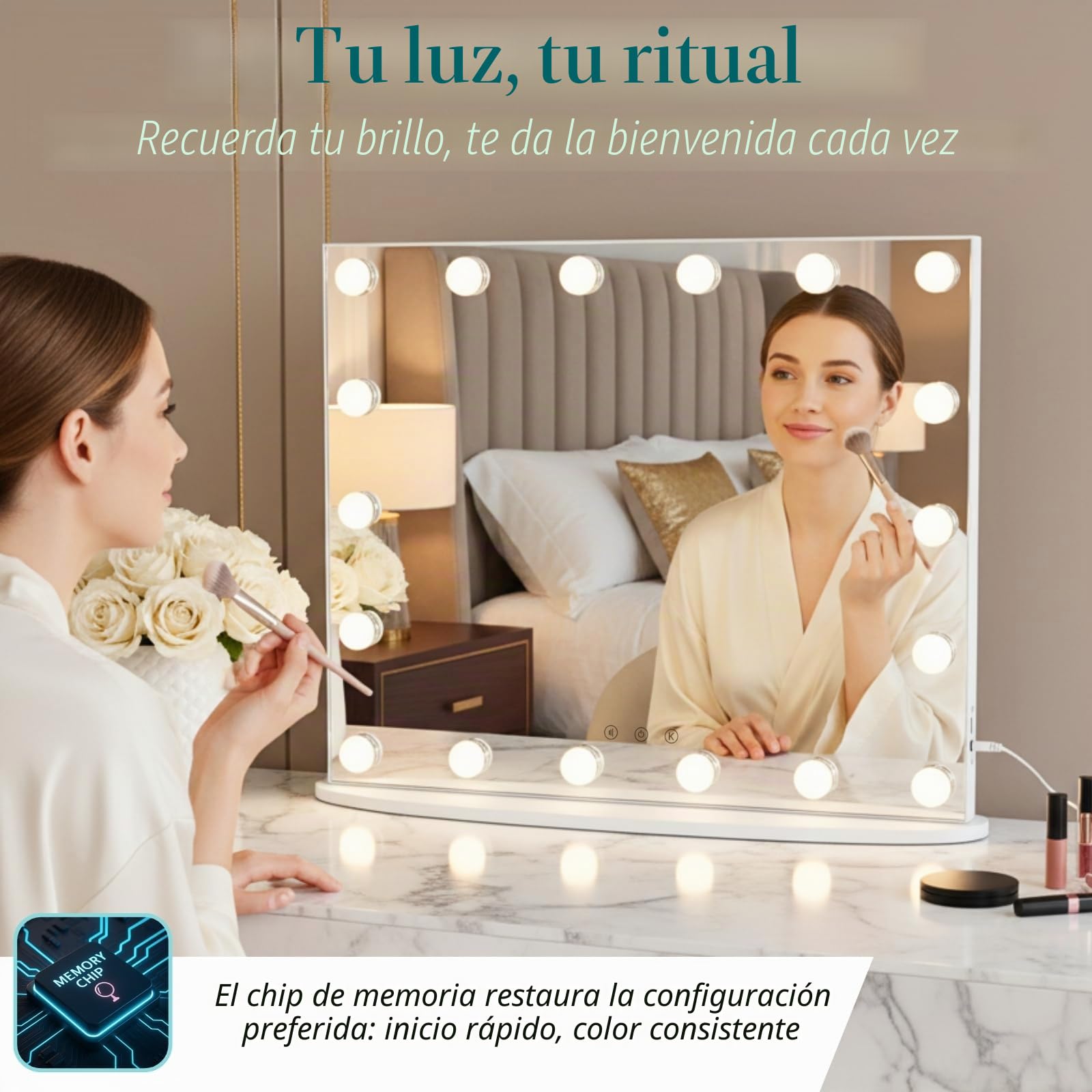 LUXFURNI - Espejo de cambiador de Hollywood de 26 x 21 pulgadas con luces, 18 bombillas LED con iluminación, espejo de maquillaje iluminado de 3 colores, mesa y montaje en pared, espejo de aumento de