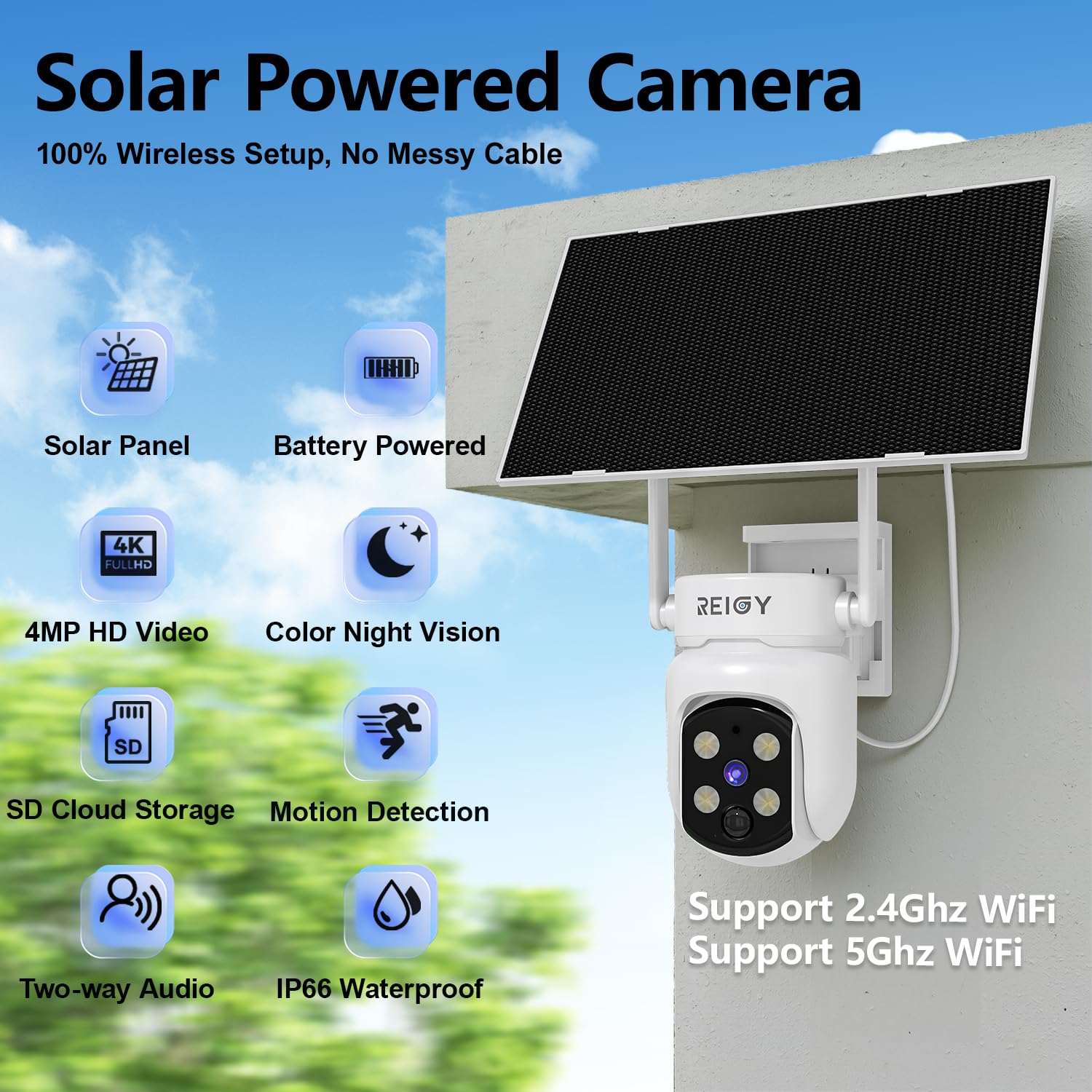 REIGY 4MP Camara Vigilancia WiFi Exterior/Interior Solar, Camera Seguridad sin Cable con Panel Solar, 360° PTZ, 10M Visión Nocturna, Detección Movimiento PIR, Audio de 2 Vias, WiFi 2.4ghz/5ghz