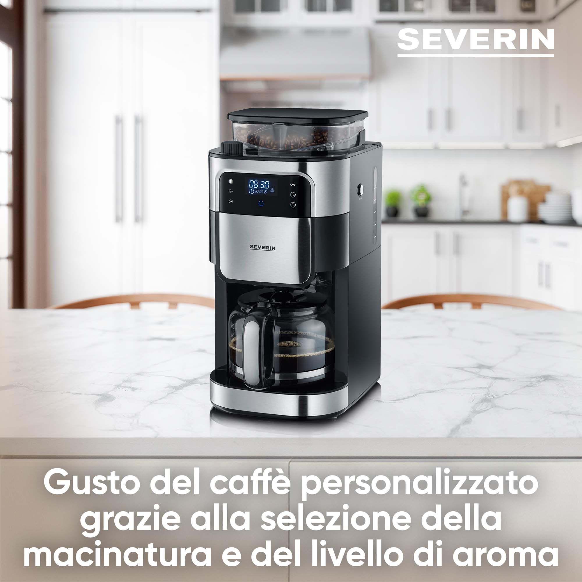 SEVERIN KA 4813 - Macchina da caffè con filtro in acciaio INOX, macinazione fine e grado di macinazione selezionabile, 1000 W, fino a 10 tazze/ca. 1,25 l