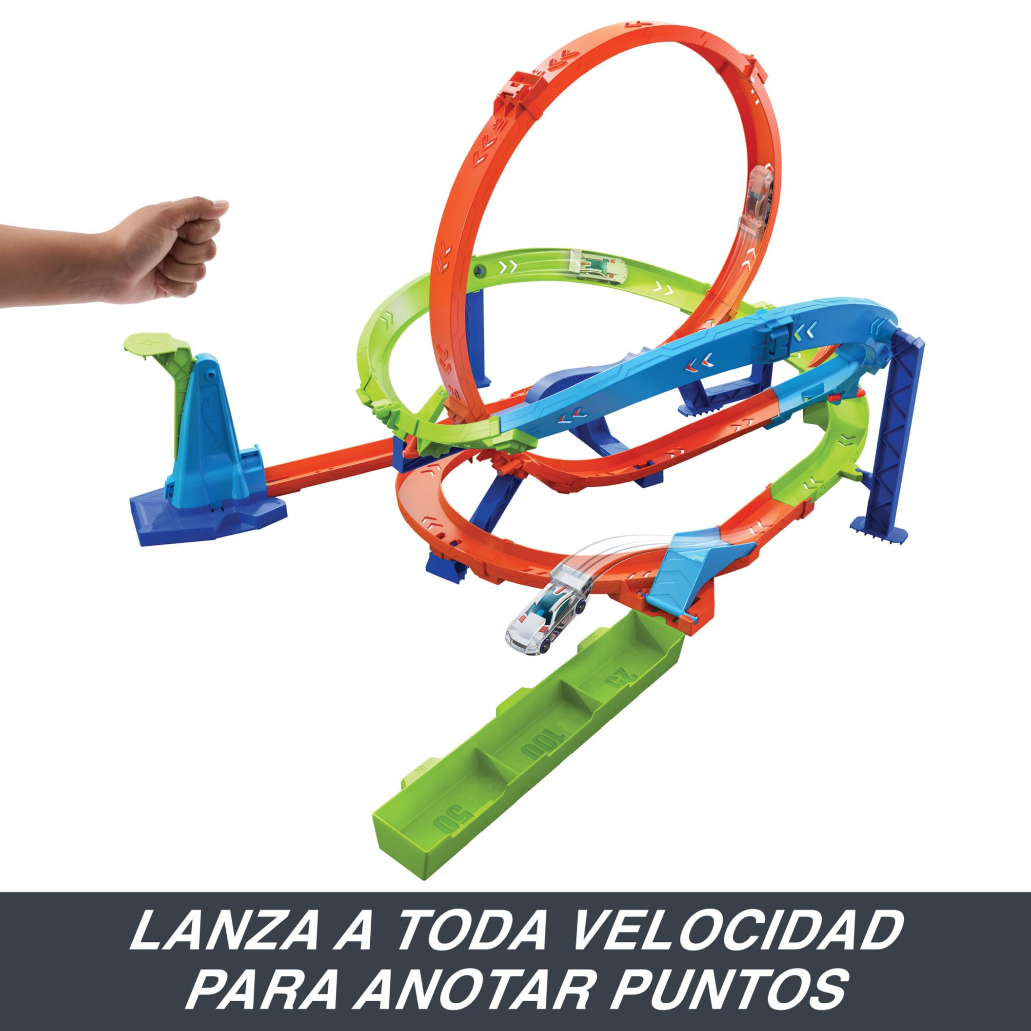 Hot Wheels Action “Let's Race - ¡a correr!” Netflix - Desafío del ciclón Pista para coches de juguete con lanzador y 1 vehículo, 2 formas de jugar, juguete +4 años (Mattel HXM94) | Incluye coche de juguete a escala 1:64, 18 pulgadas de alto, 2 formas de j